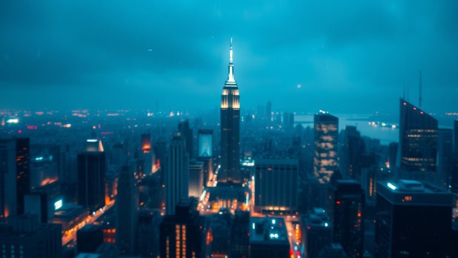 Paysage urbain, horizon, lumières nocturnes, flou artistique, urbain, néon, futuriste, cyberpunk, pluvieux, gratte-ciel, fond d'écran 4K, vue aérienne, minimaliste, silhouette
