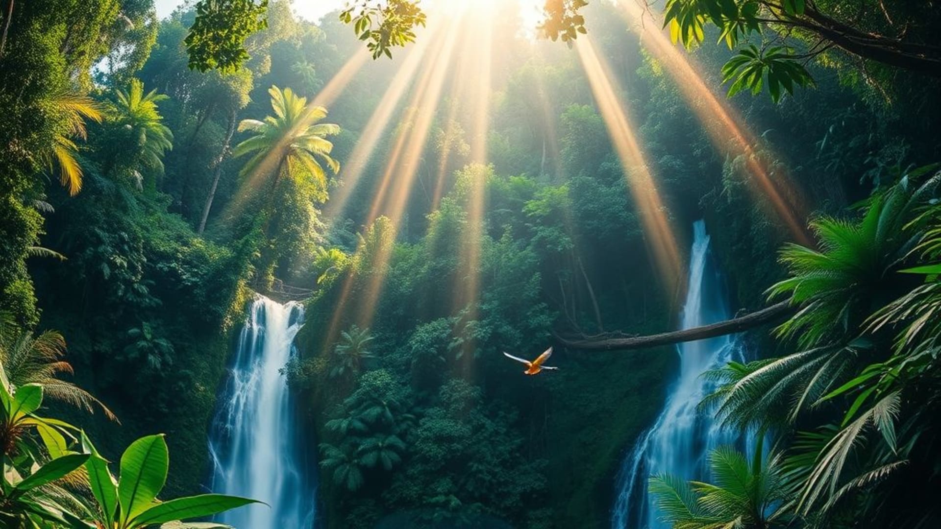 Forêt tropicale, cascade, jungle, vert dense, brume, rayons de soleil, canopée de la forêt tropicale, fond ecran nature, oiseaux, vibrant, luxuriant, lumière naturelle, éco, faune.