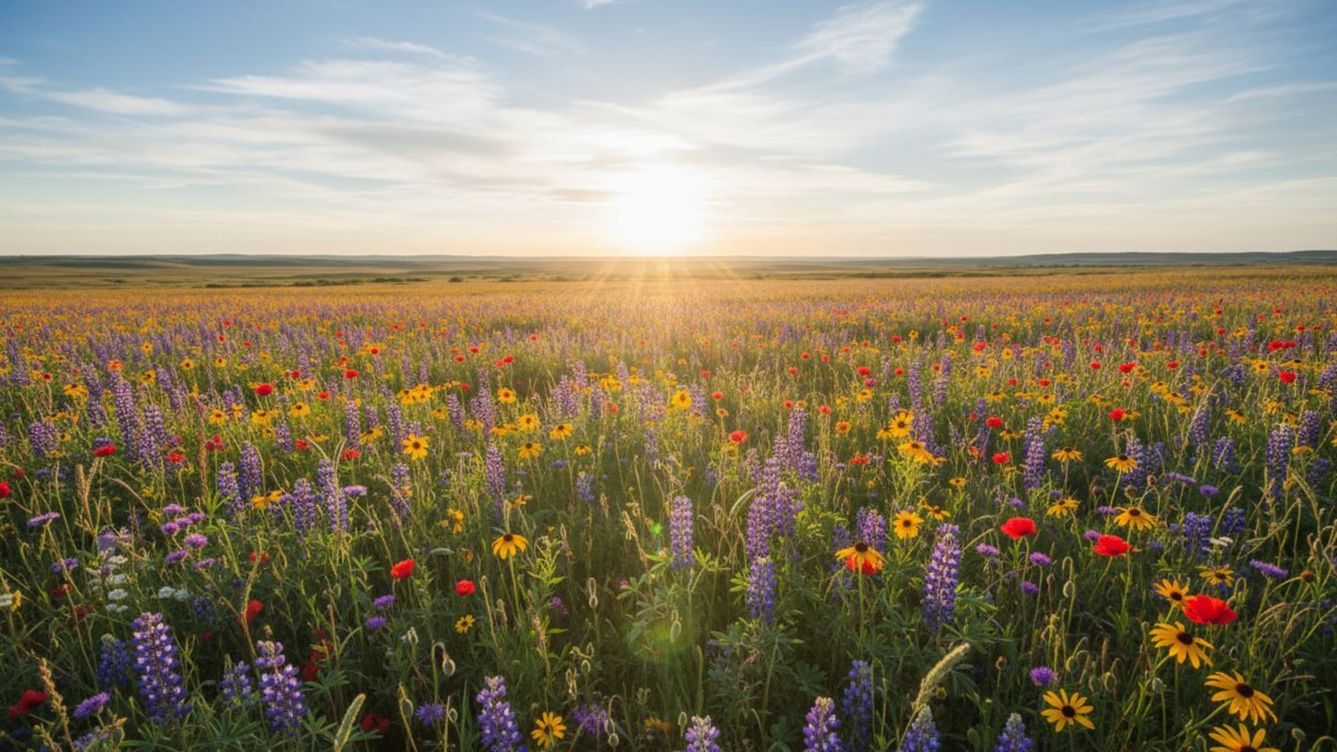 Prairie aux fleurs sauvages, champ ensoleillé, brise légère, paysage tranquille, fond d'écran de bureau aéré.