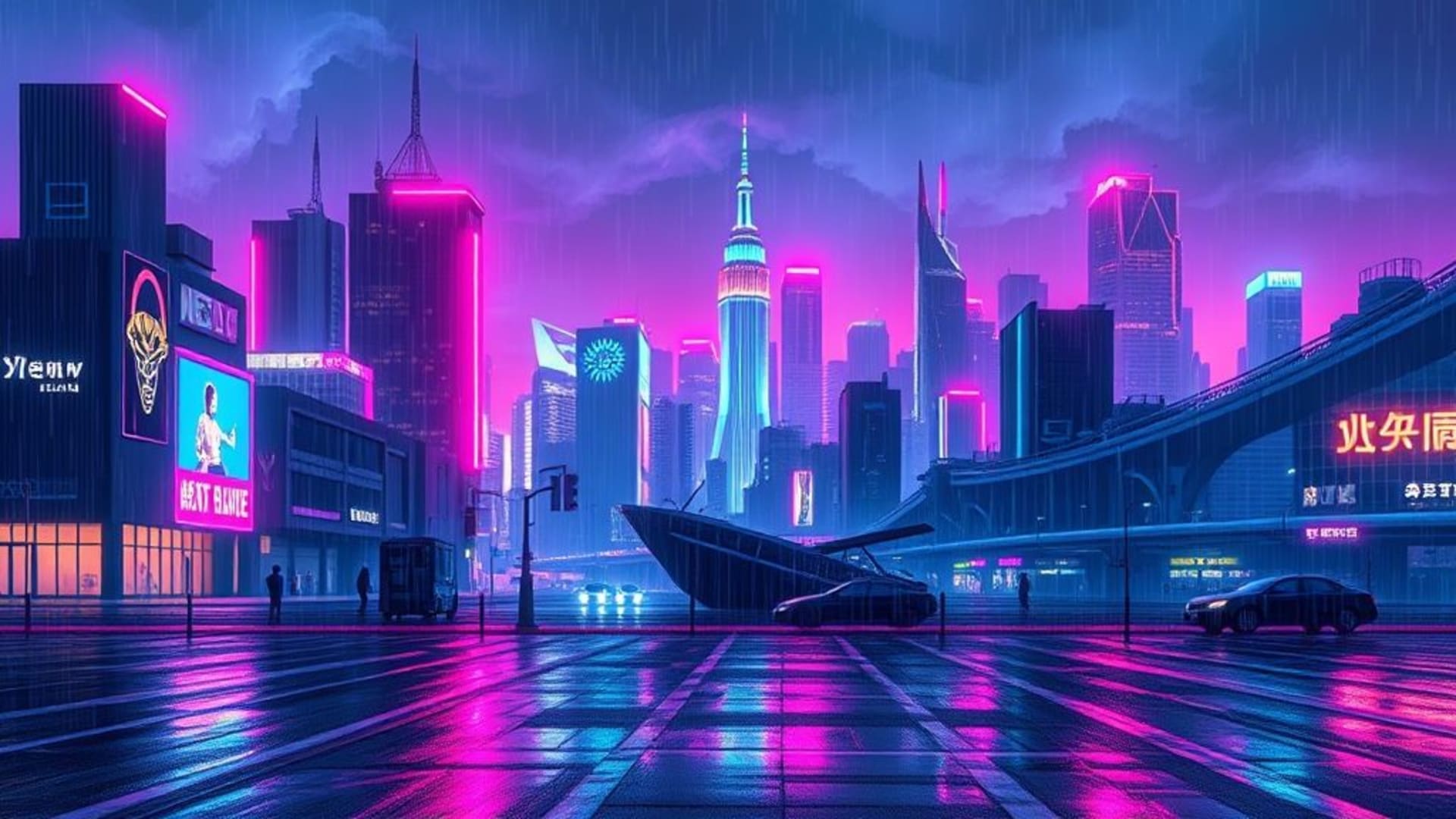 cyberpunk néon galactique, paysage urbain nocturne, reflets de pluie, futuriste, synthwave, rétro wave, bleu rose, enseignes au néon, ligne d'horizon, vibrant, 4K