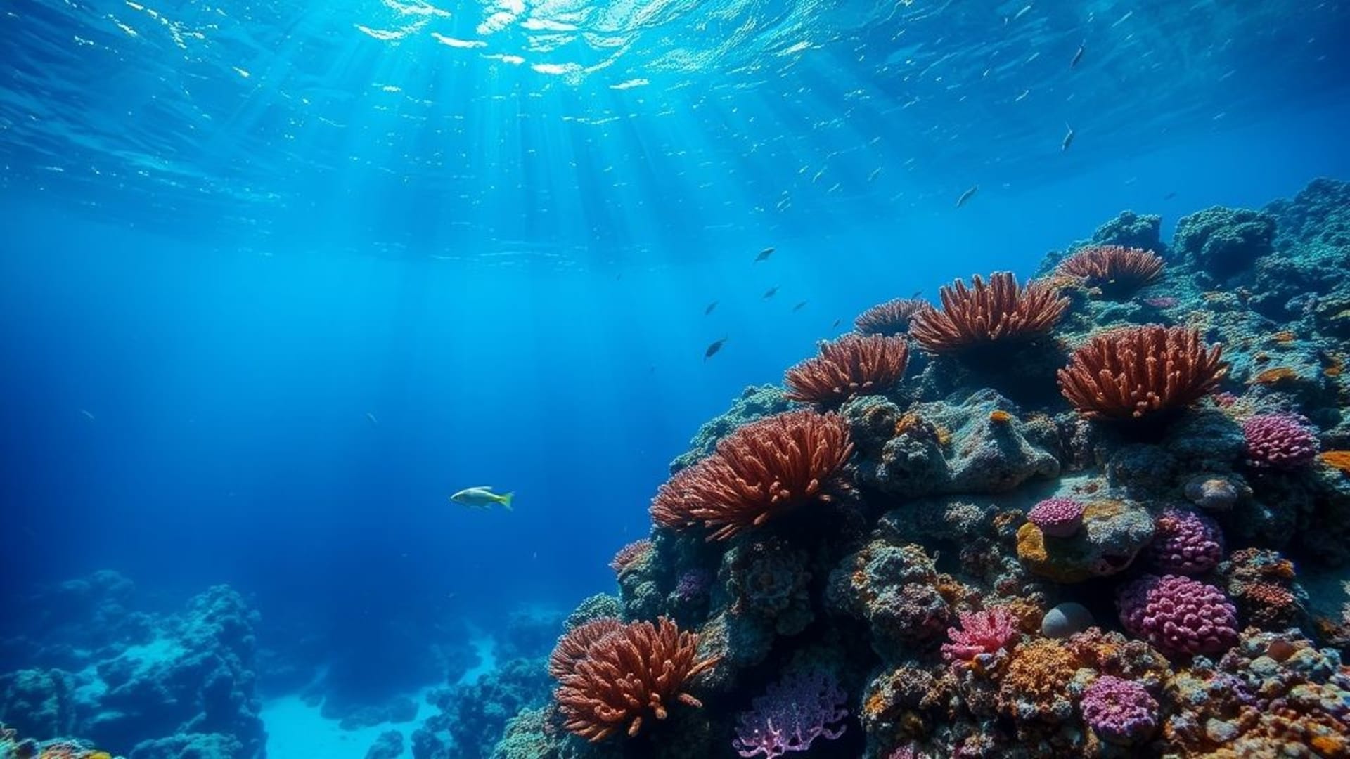 monde sous-marin, récif corallien, poissons tropicaux, eau bleue, rayons de lumière, immergé, tranquille, bioluminescent, aqua abstrait, fond d'écran