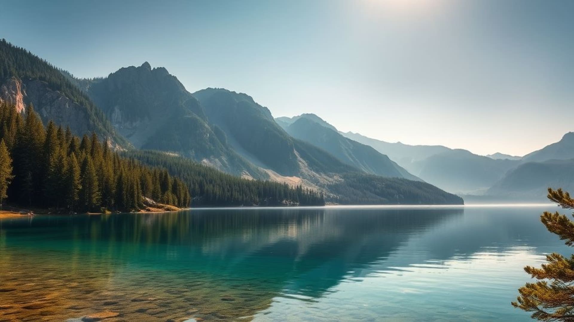 panorama de lac de montagne, eau cristalline, pinède, ciel bleu, été, automne, brume, calme, photographie de paysage, fond ecran