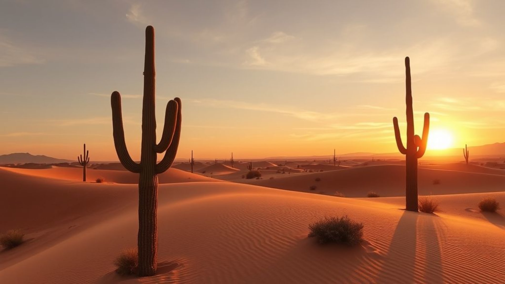 Dunes du désert, heure dorée, sculptées par le vent, silhouettes de cactus, minimaliste, tons chauds, coucher de soleil, ciel, fond d'écran désert, vaste