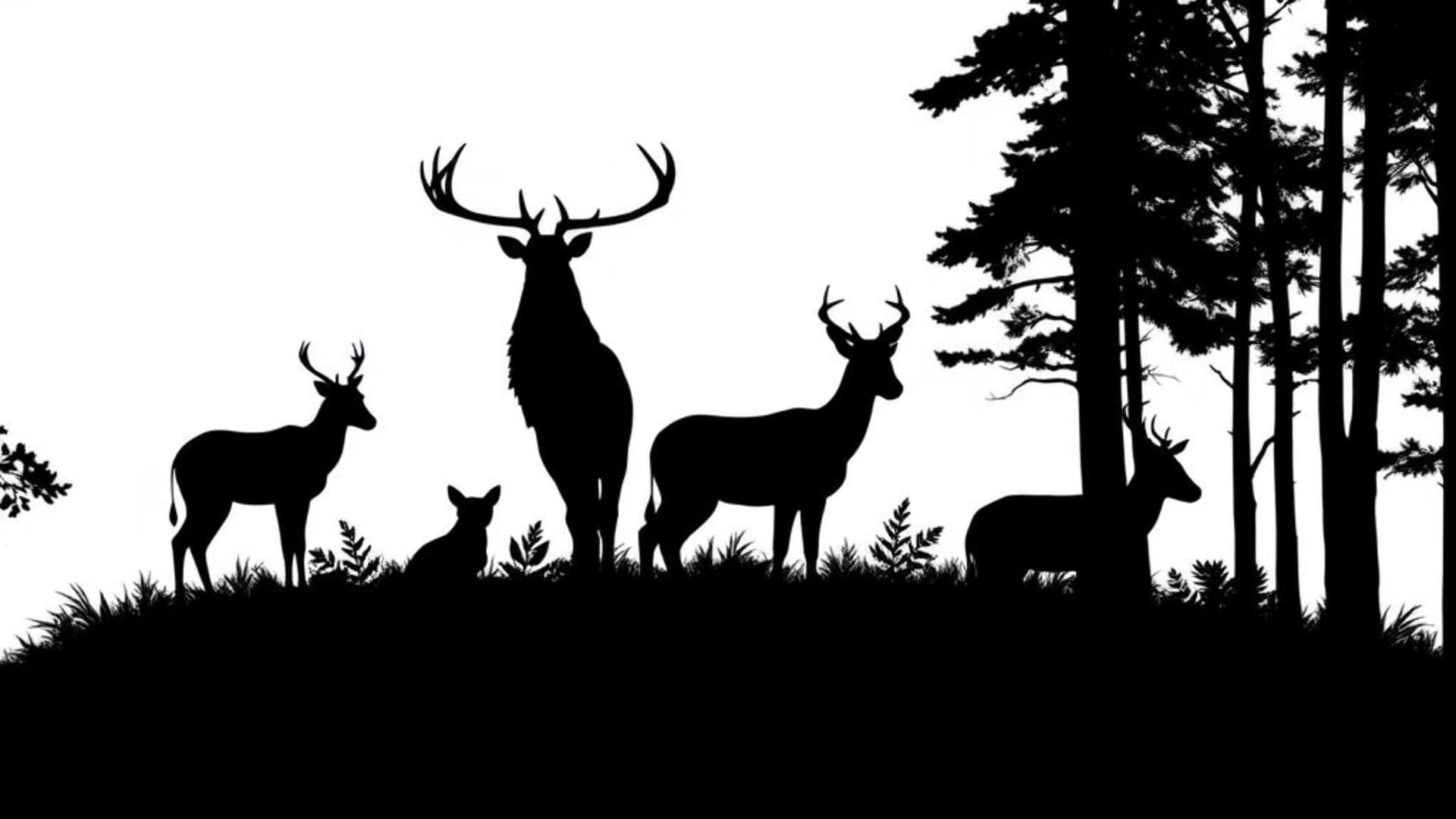 silhouette d'animal, animaux de la forêt, minimaliste, espace négatif, noir et blanc, portrait de profil, fond ecran nature, calme