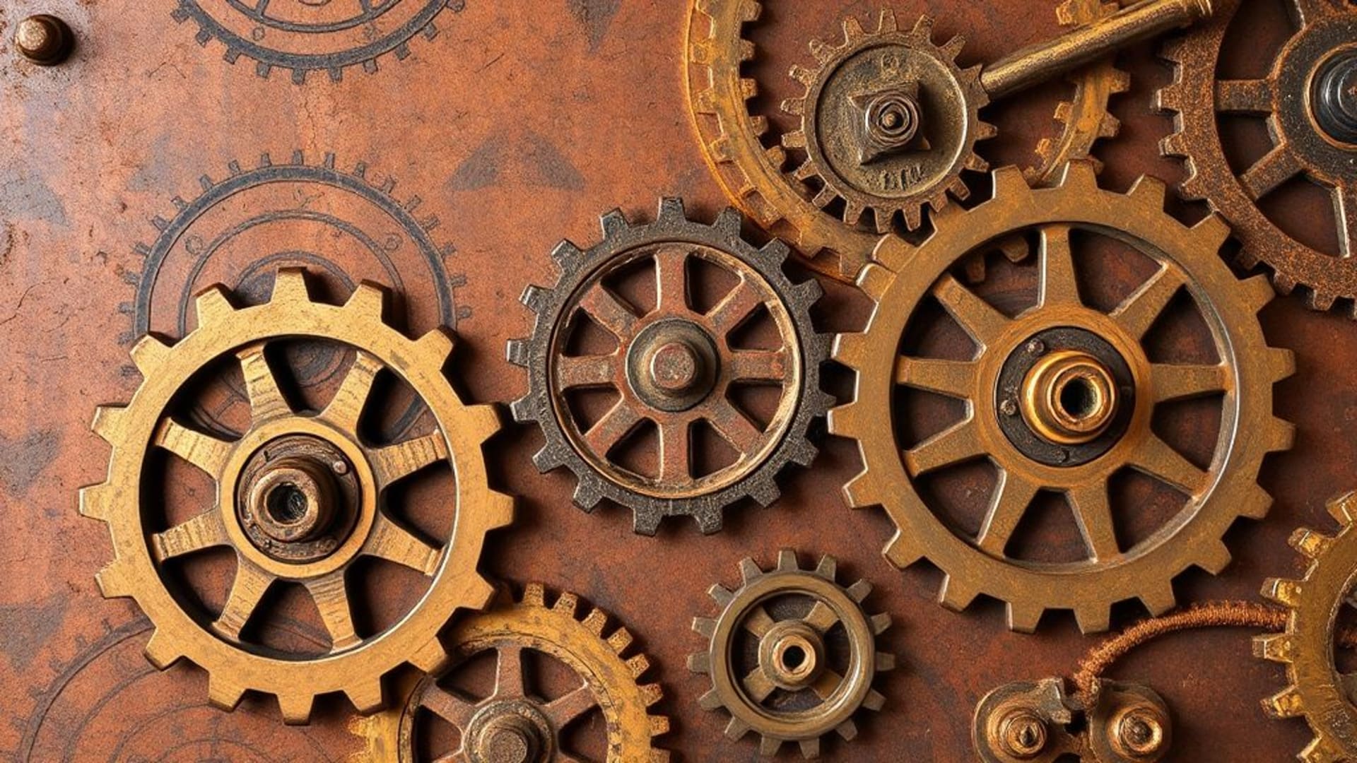fond ecran steampunk, engrenages, métal rouillé, victorien, mécanique, cuivre, texture, industriel, fond vintage