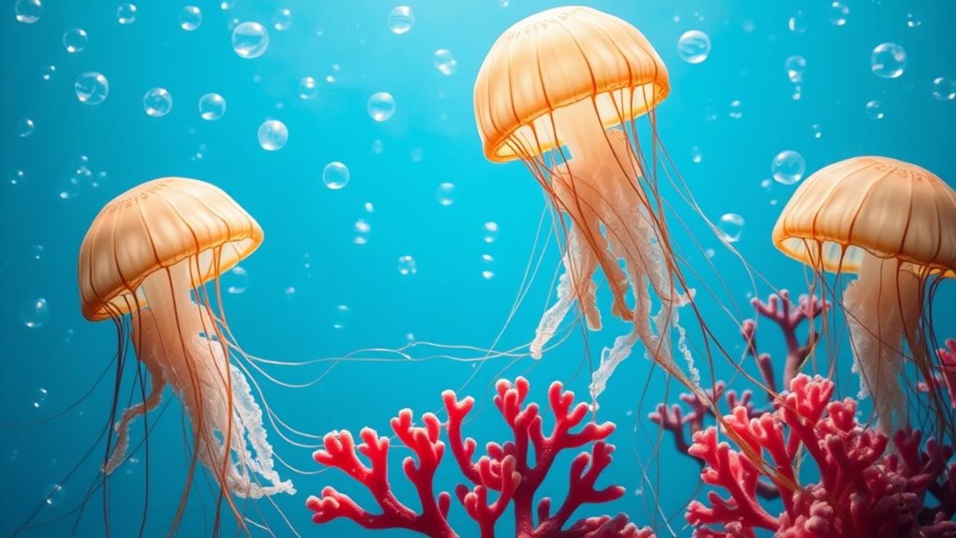Sous la mer, méduse, jardin de corail, art de bulles, fond bleu, paisible, effervescent, minimaliste, fond ecran