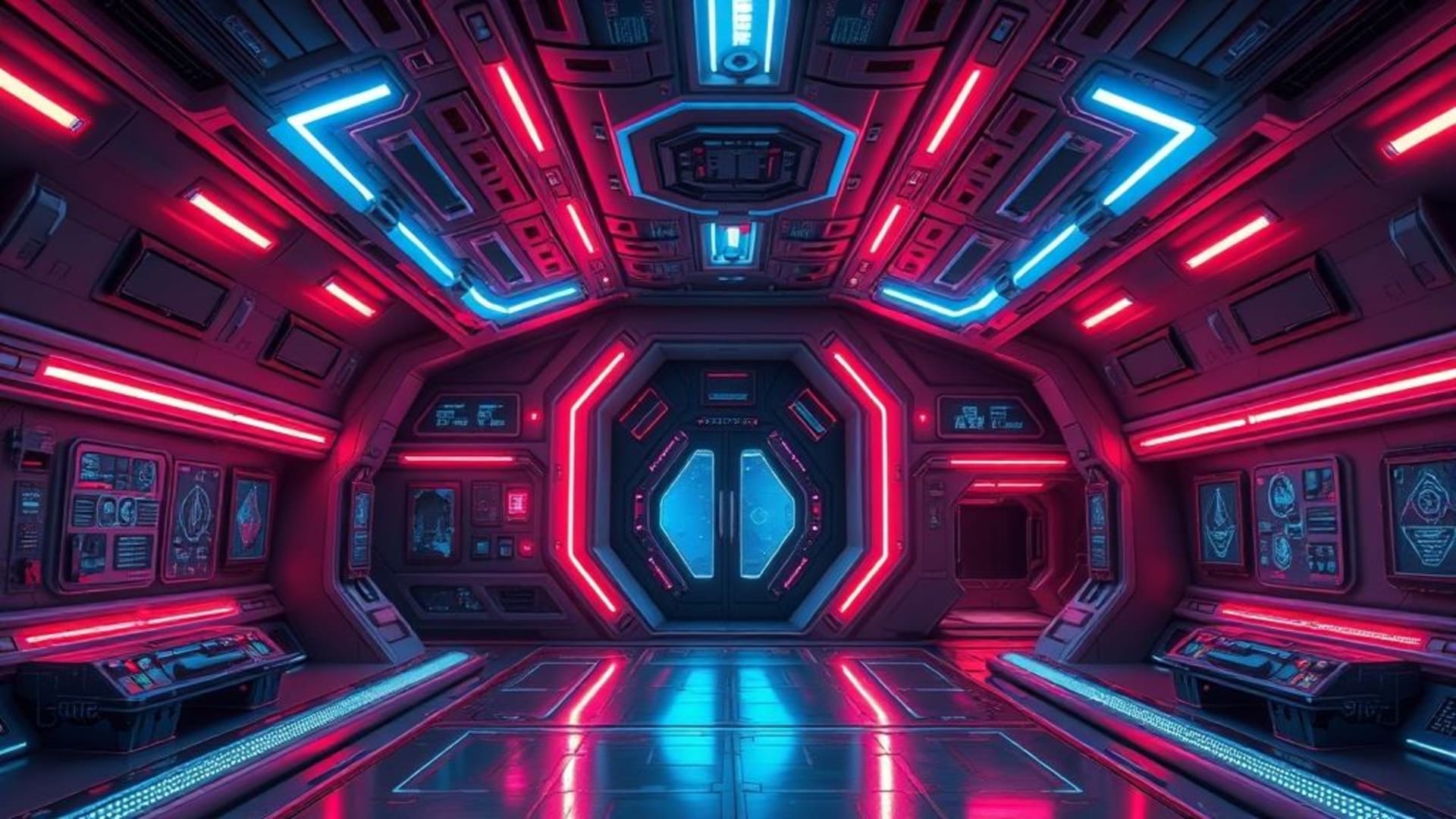 Intérieur de station spatiale, panneaux néon, science-fiction, décoration futuriste, lueur bleue rouge, optionnel, rendu 3D, haute précision