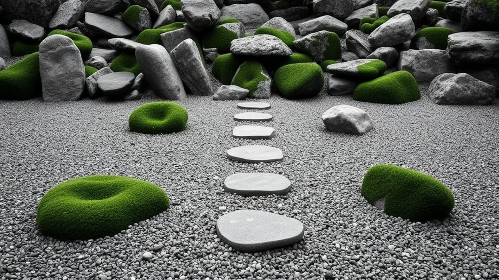 Jardin zen, gravier ratissé, pierres de mousse, paisible, symétrie, méditation, minimaliste, monochrome, fond ecran de jardin de roches