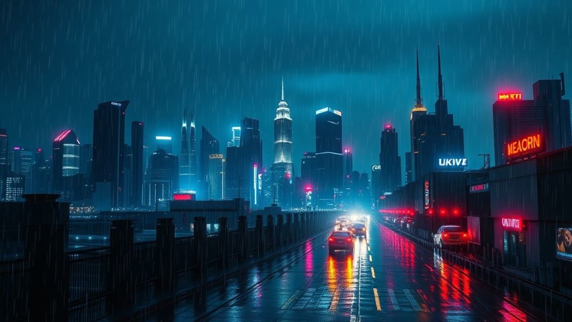 Ciel urbain cyberpunk la nuit, lumières, horizon futuriste, pluie, reflets, ambiance mélancolique, fond d'écran