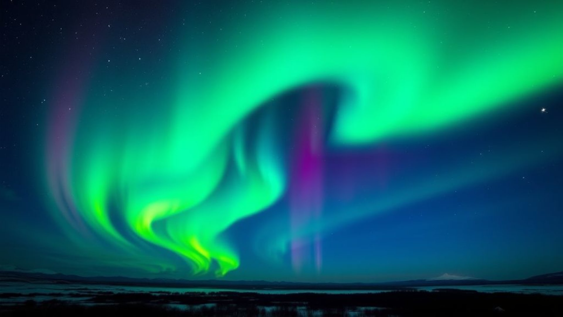 Aurore boréale paysage lumières du nord verts vifs violets fond ecran art
