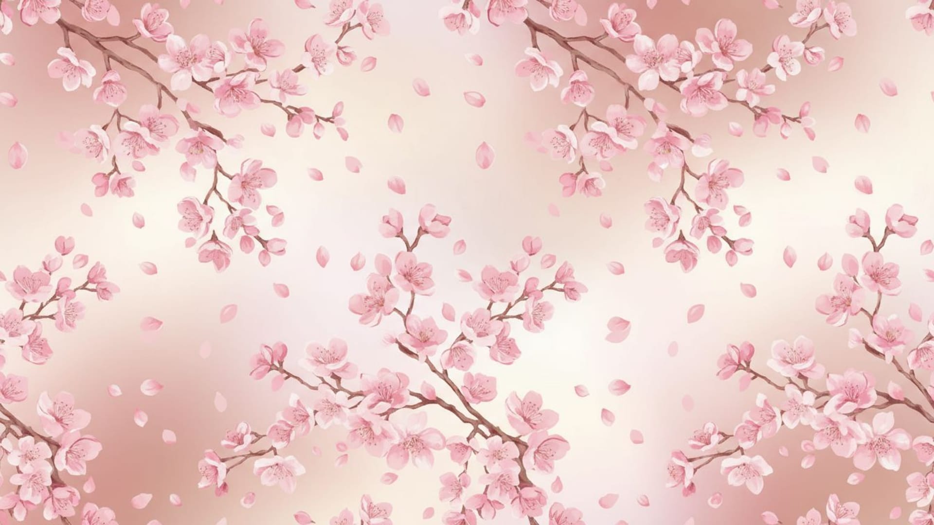 Fleurs de cerisier romantiques, pétales roses douces, fond ecran élégant et douillet, atmosphère tranquille.