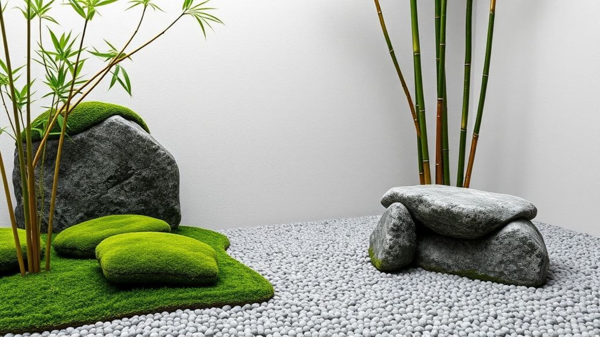 jardin zen roche mousse bambou minimal apaisant fond ecran nature sérénité