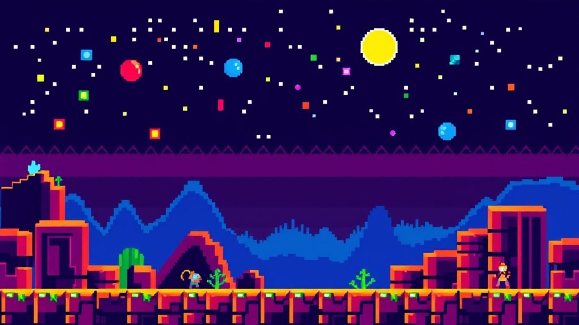 fond d'écran de jeu vidéo rétro en pixel art 8 bits aux couleurs vibrantes