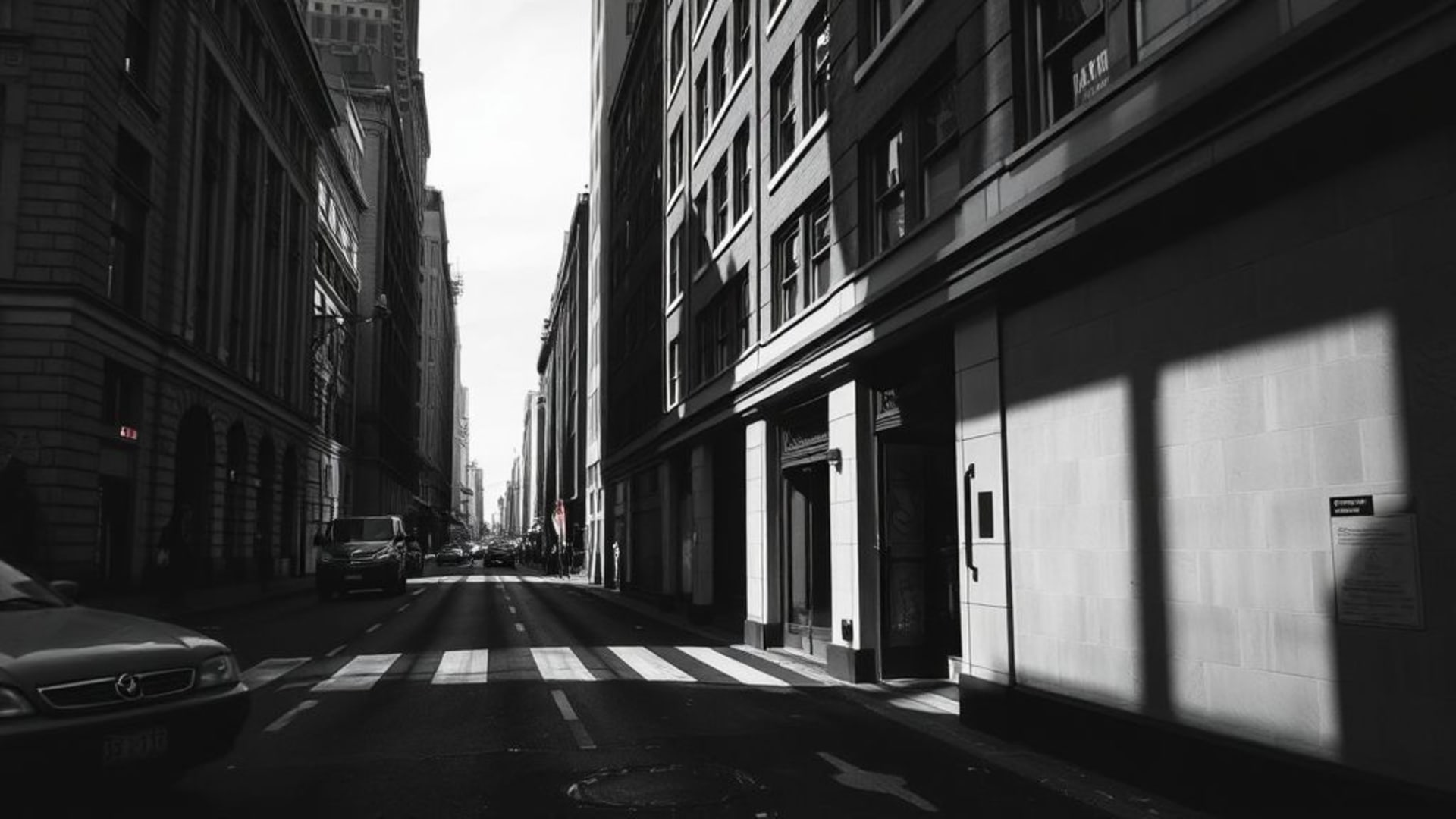 Photographie de rue urbaine en niveaux de gris monochromes avec ombres dramatiques et contraste pour fond d'écran