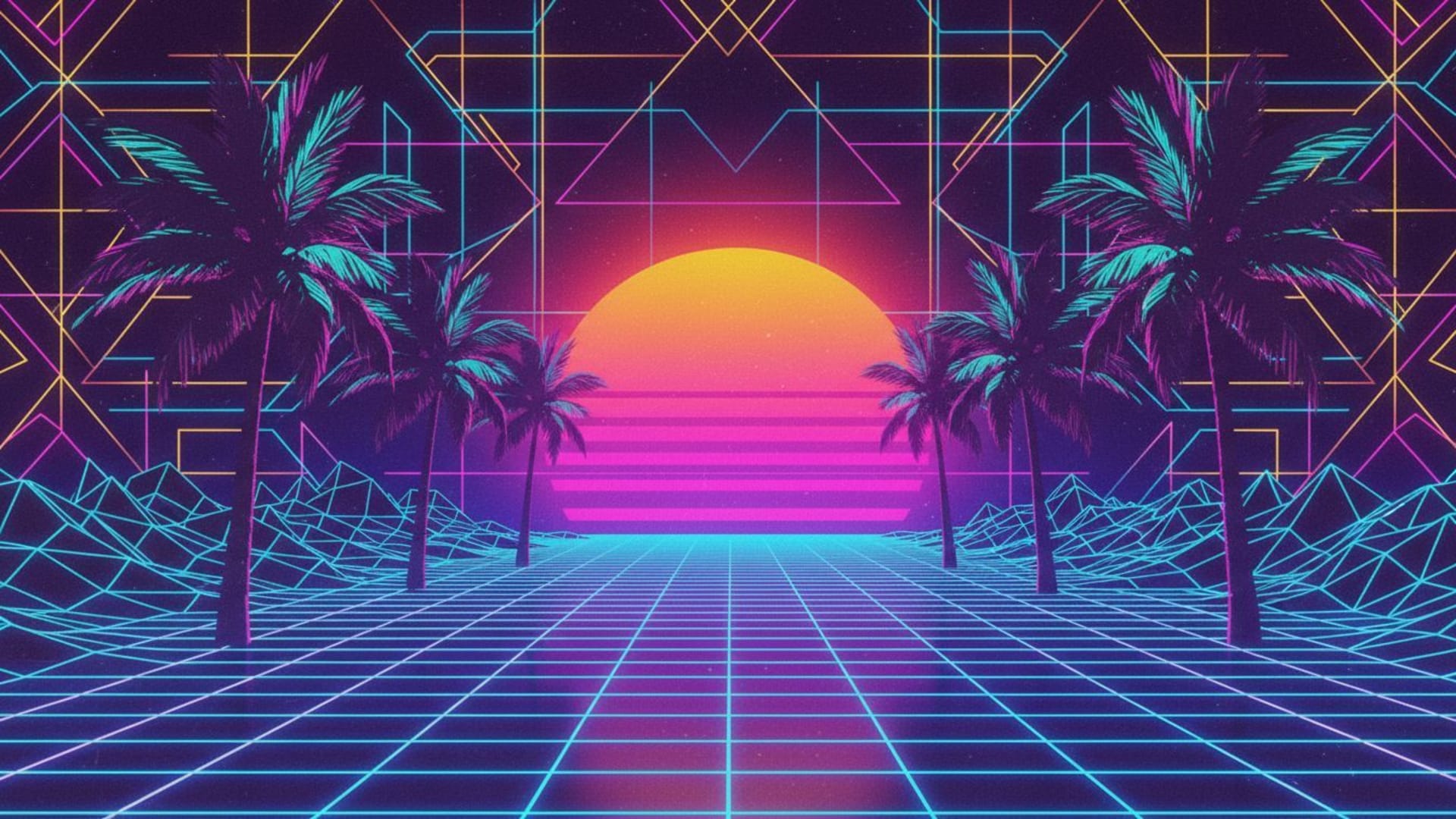 Coucher de soleil rétro vaporwave avec des palmiers, une grille des années 80, du néon et un motif géométrique pour fond ecran.