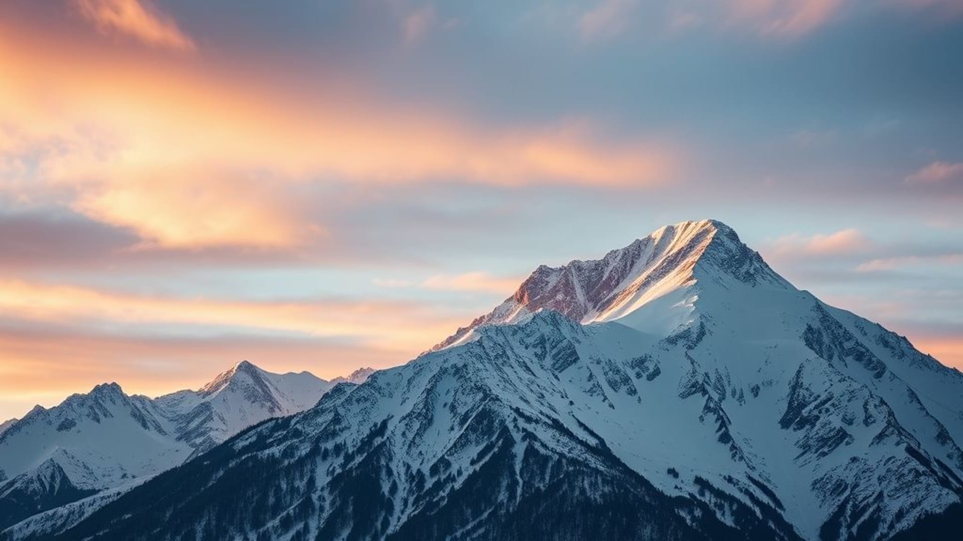 Paysage de neige de montagne en altitude, ciel dramatique, fond d'écran net, contraste élevé