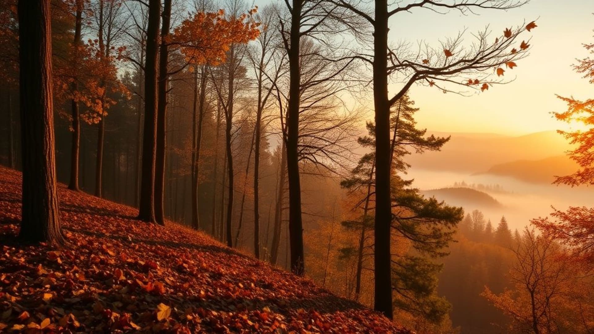 forêt nature automne feuilles fond ecran lever du soleil montagnes brume chaleureuses tons accueillants