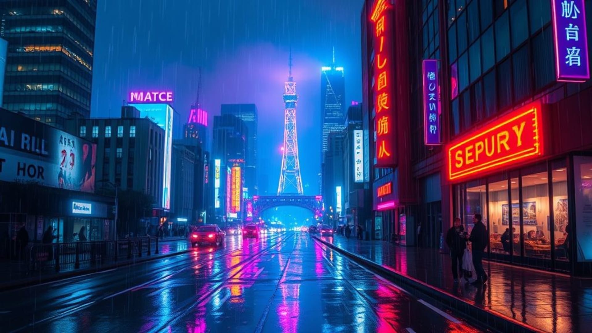 cité cyberpunk néon la nuit horizon pluvieux reflets vibrants éclat électrique