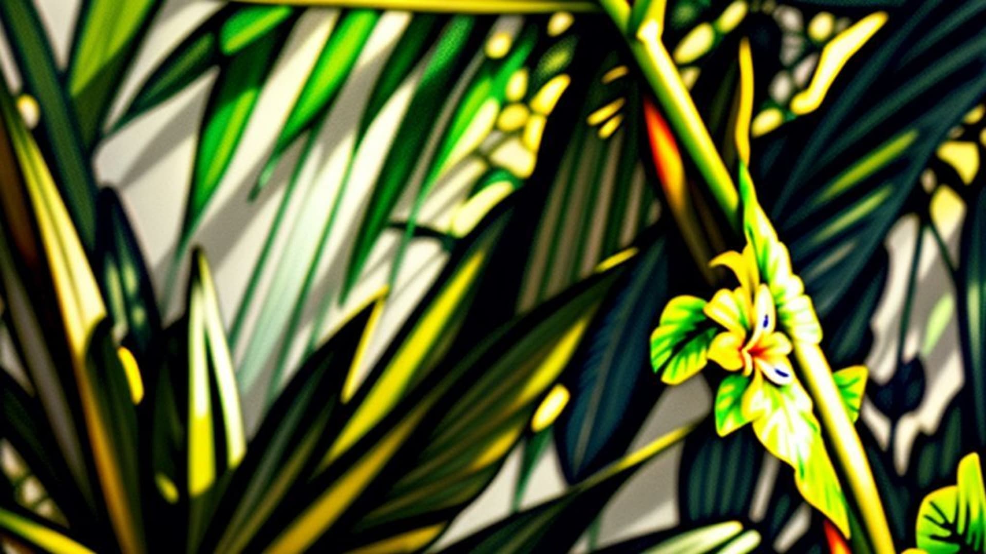 Motif de feuilles de jungle tropicale flora florale botanique verdure luxuriante lumière du soleil.