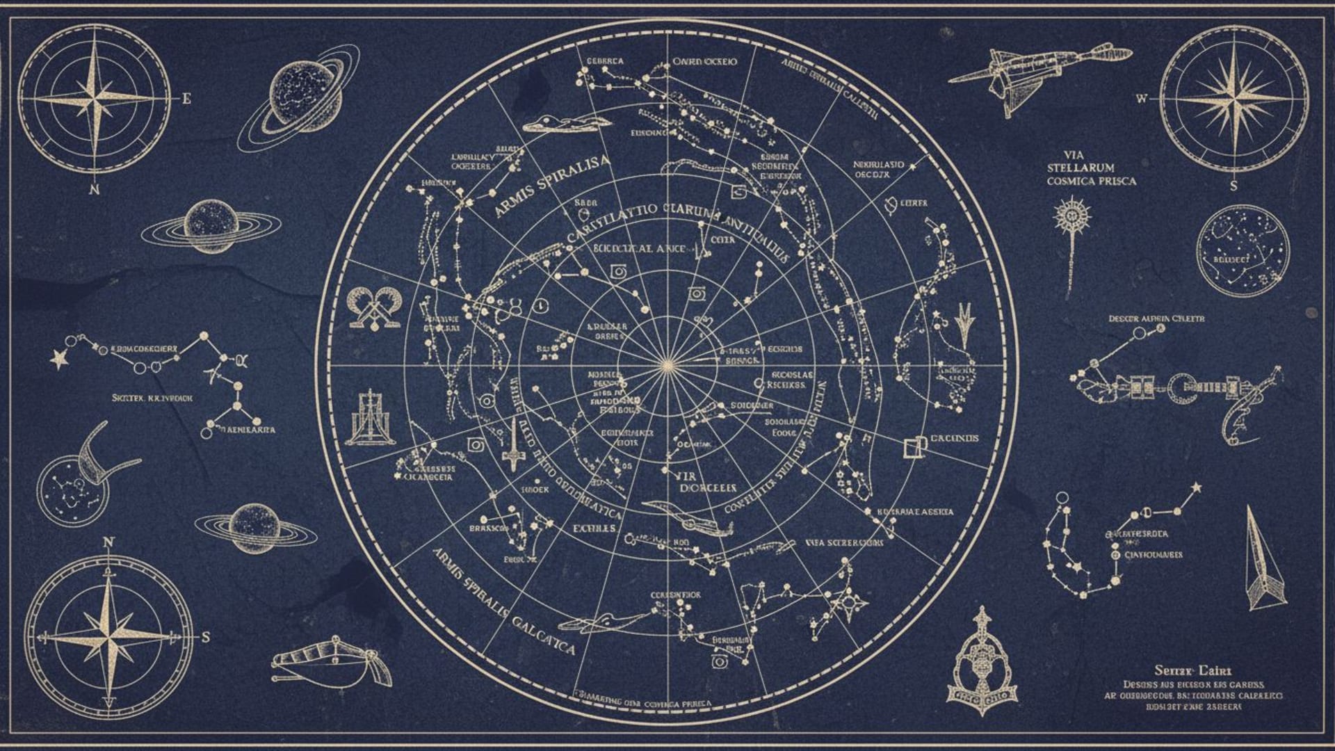 Carte galactique et planisphère stellaire rétro, plan technique vintage, fond ecran astronomique, histoire de l'espace, style.