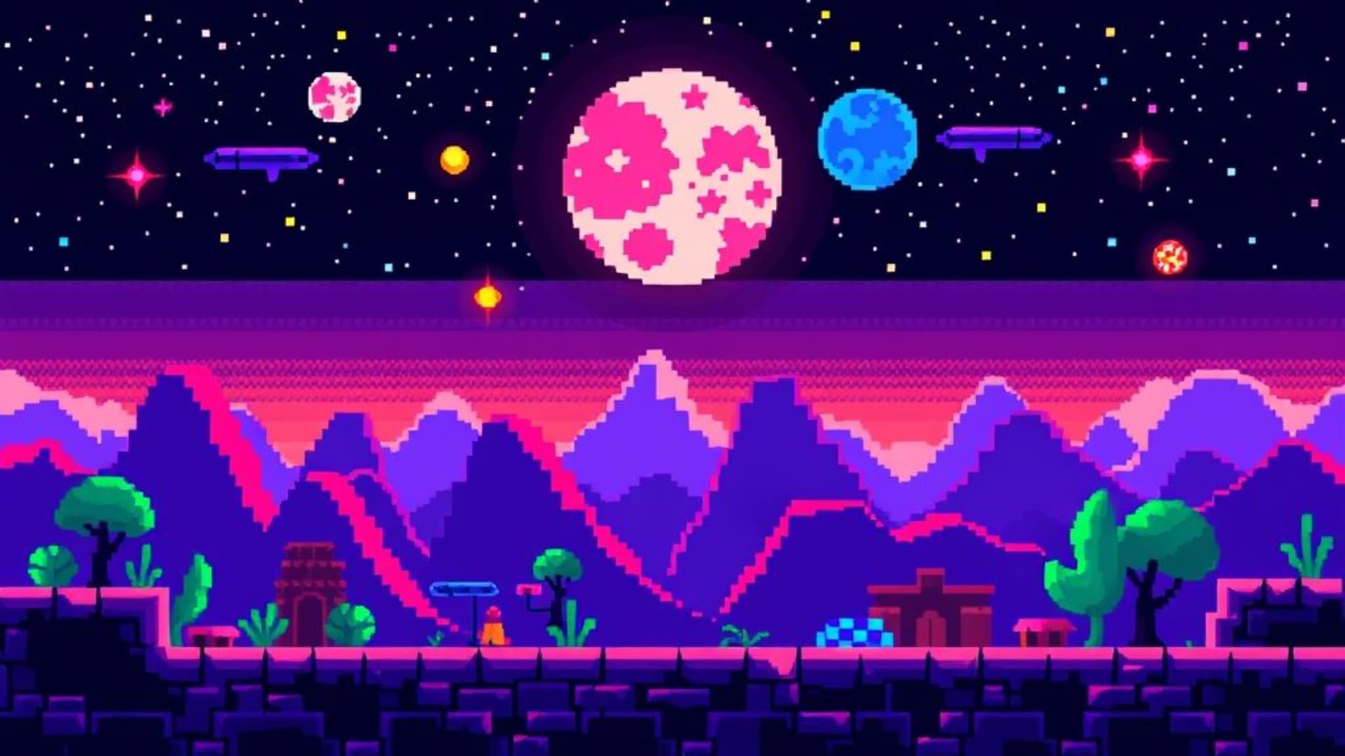 fond ecran de jeu vidéo rétro en pixel art 8 bits aux couleurs vives ambiance nostalgie