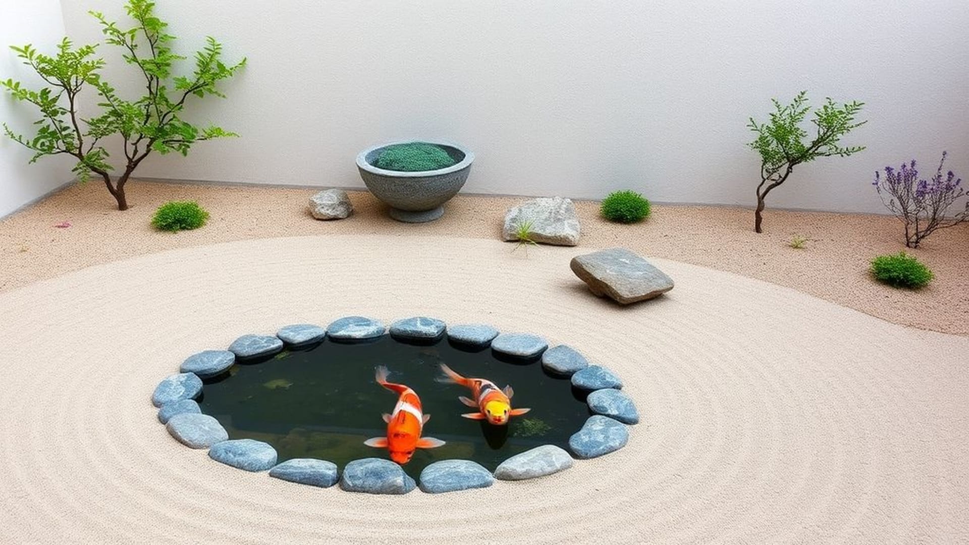 jardin zen sable ratissé pierres étang koi design minimaliste pour fond d'écran