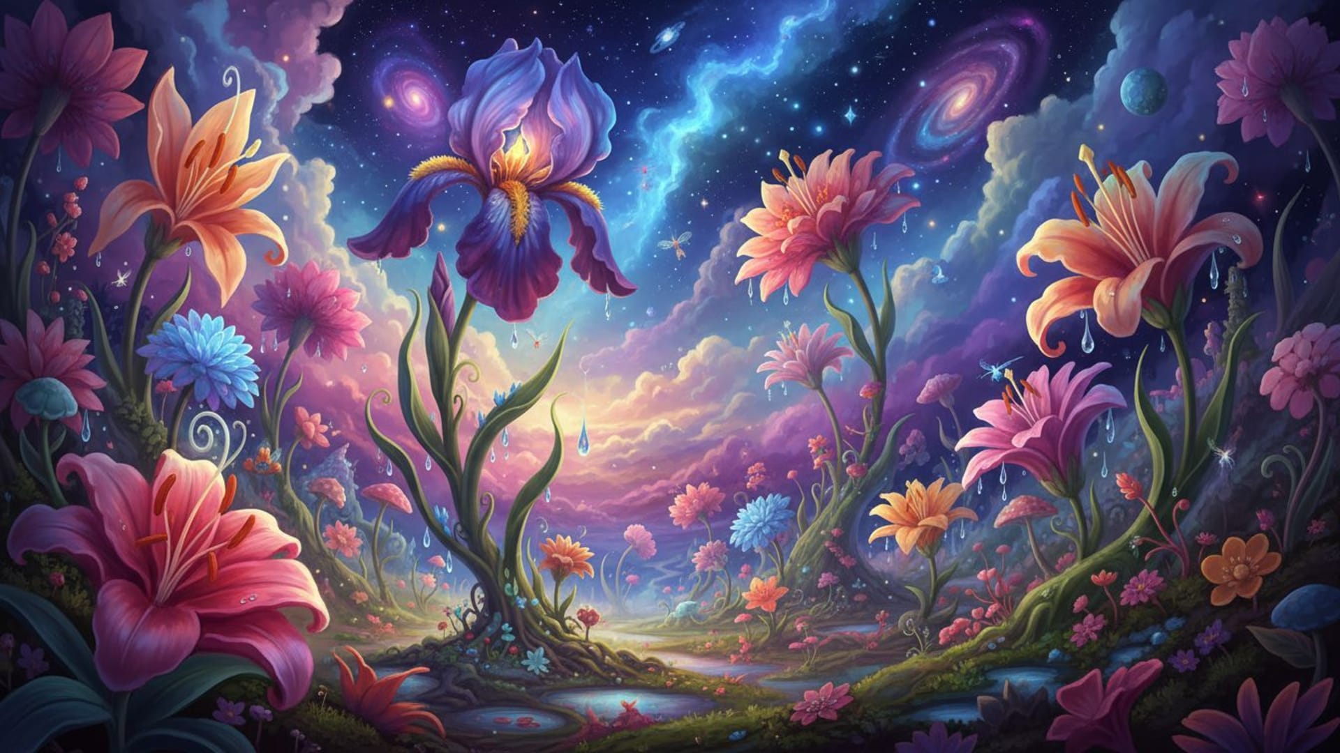 fleurs géantes paysage onirique surréaliste fond ecran fantasy couleurs vives art fantaisiste