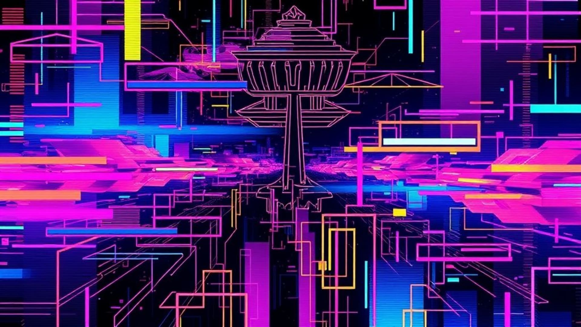 Fond d'écran d'art glitch déformation numérique couleurs néon abstrait style rétro