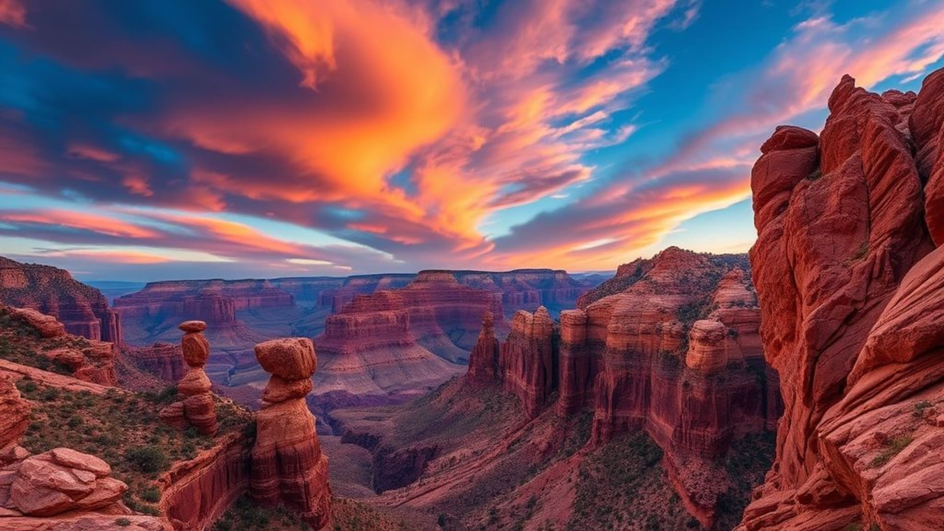 fond ecran de paysage de canyon escarpé roches rouges ciel bleu scène dramatique