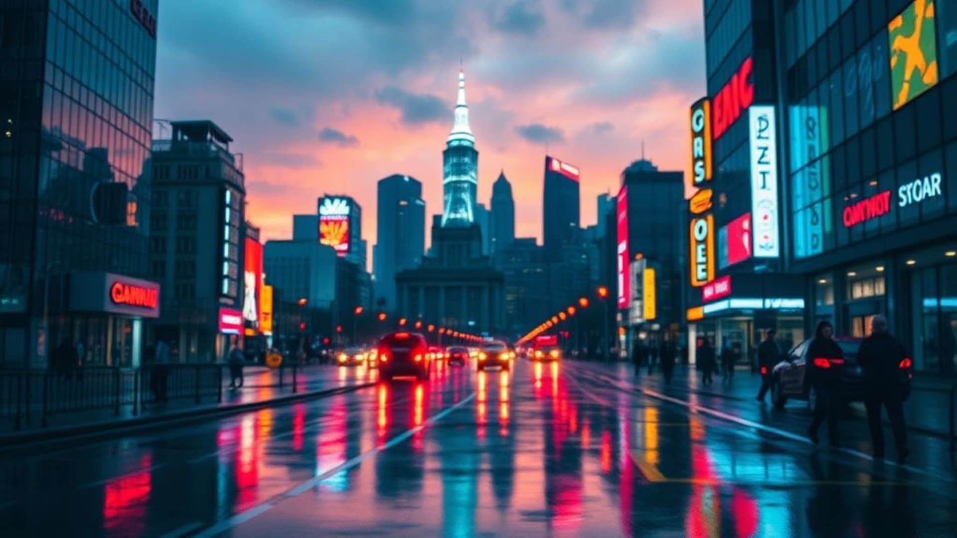 silhouette de la ville néon au crépuscule pluie reflets rues brillantes lumières électriques palette vibrante paysage urbain futuriste nuit atmosphère sombre bokeh contraste élevé