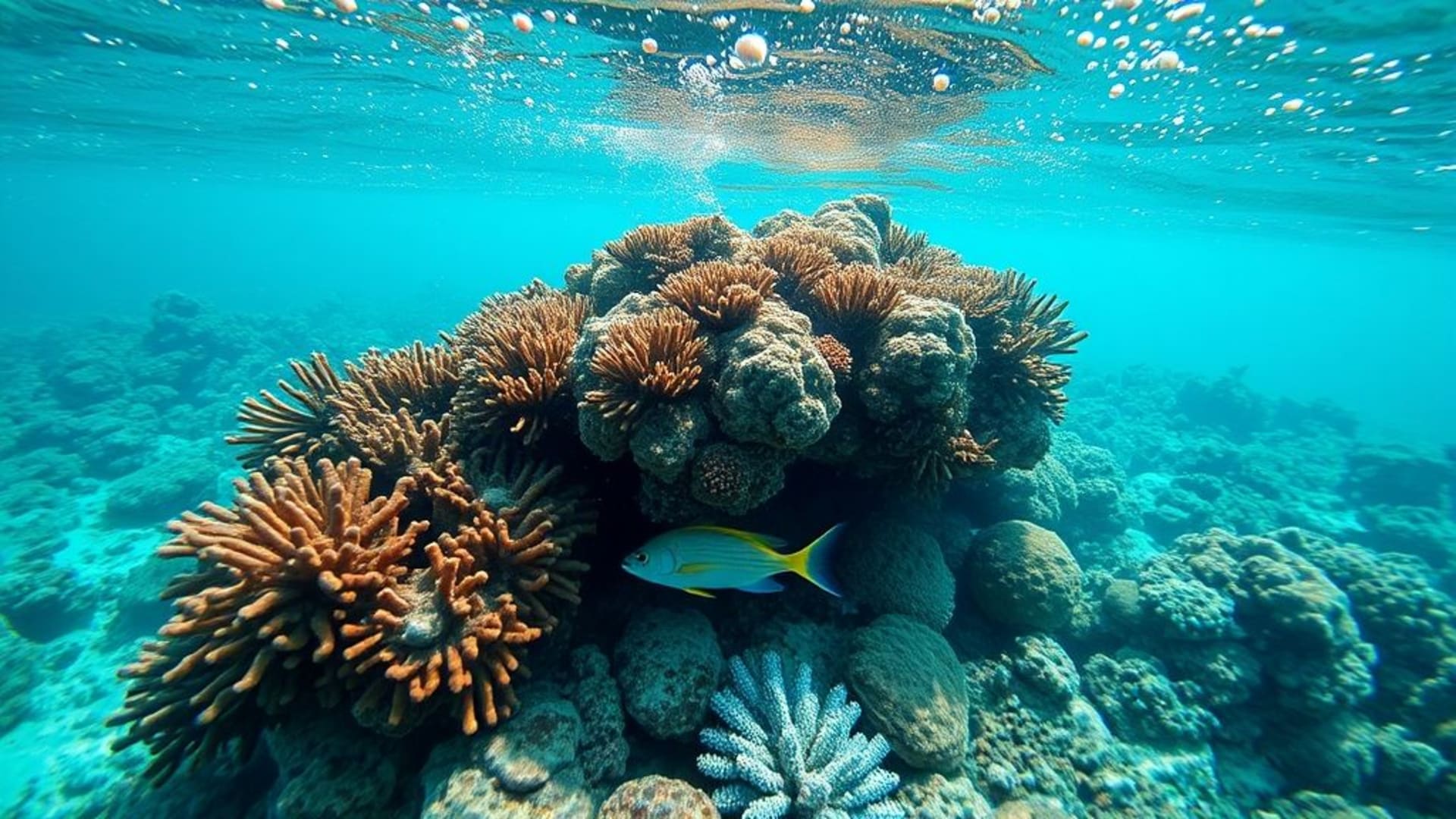 océan clair tropical barrière de corail vie sous-marine corail poisson turquoise cyan azur rayons de soleil paysage marin dégradé eau bleue mousse bulles macro