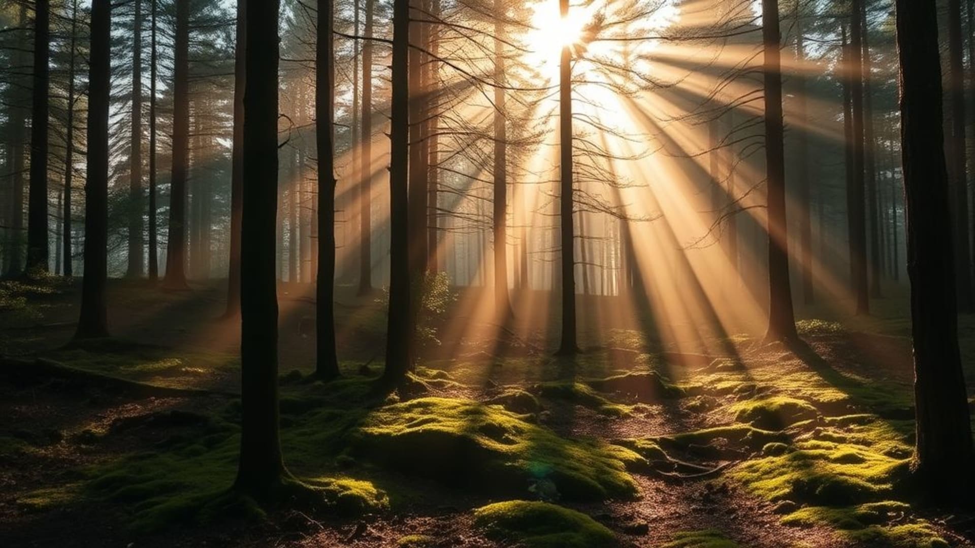 Brume matinale de la forêt, lumière du soleil à travers les pins, mousse humide, air frais, texture naturelle, palette terrestre, forêt paisible, silence, rayons de soleil.