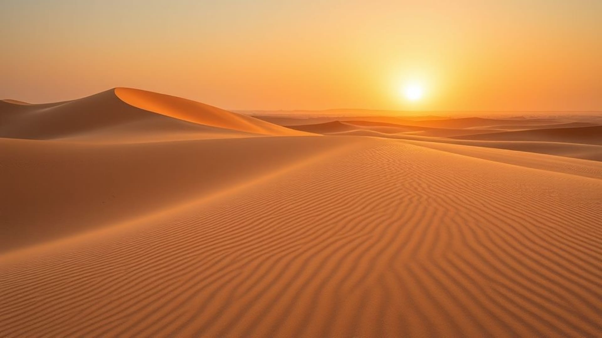Les dunes désertiques, les motifs du vent, l'heure dorée, le sable chaud, les ondulations, l'horizon ensoleillé, le paysage vaste, la géométrie minimaliste, la palette de couleurs, la sérénité, la solitude