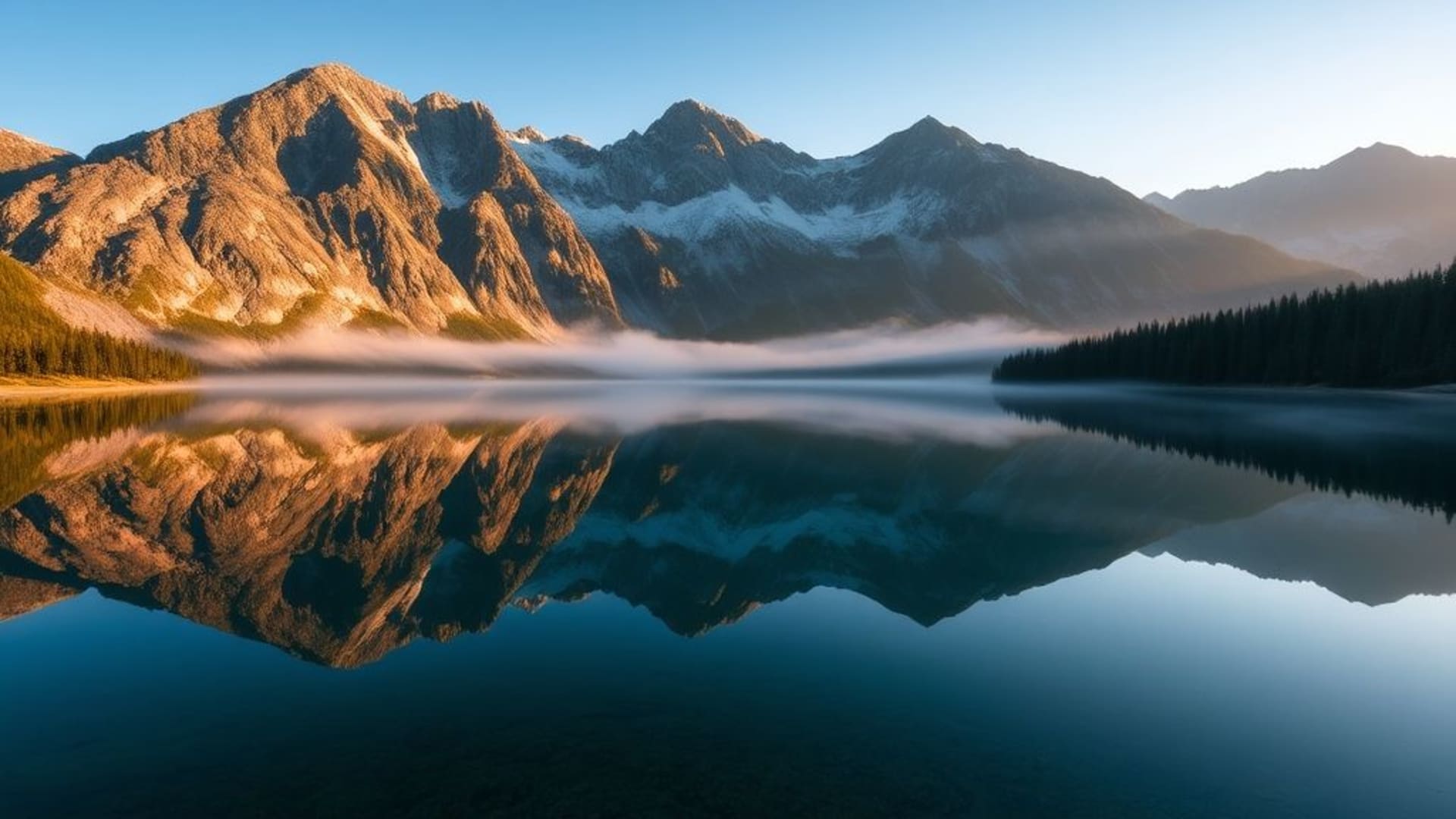 Reflet symétrique d'un lac alpin entouré de montagnes, d'eau claire, de brouillard matin, de scène paisible, de pics escarpés, de forêt de pins, de lueur du soleil.