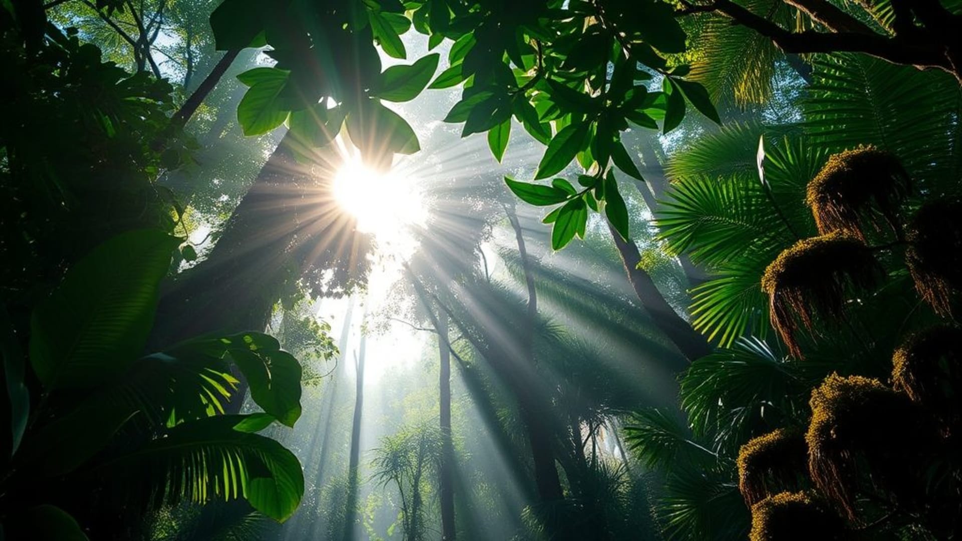 Les rayons du soleil traversent la canopée de la forêt tropicale, filtrant à travers les feuilles, créant une humidité luxuriante, une verdure émeraude, une mousse humide, une air humide, des textures macro