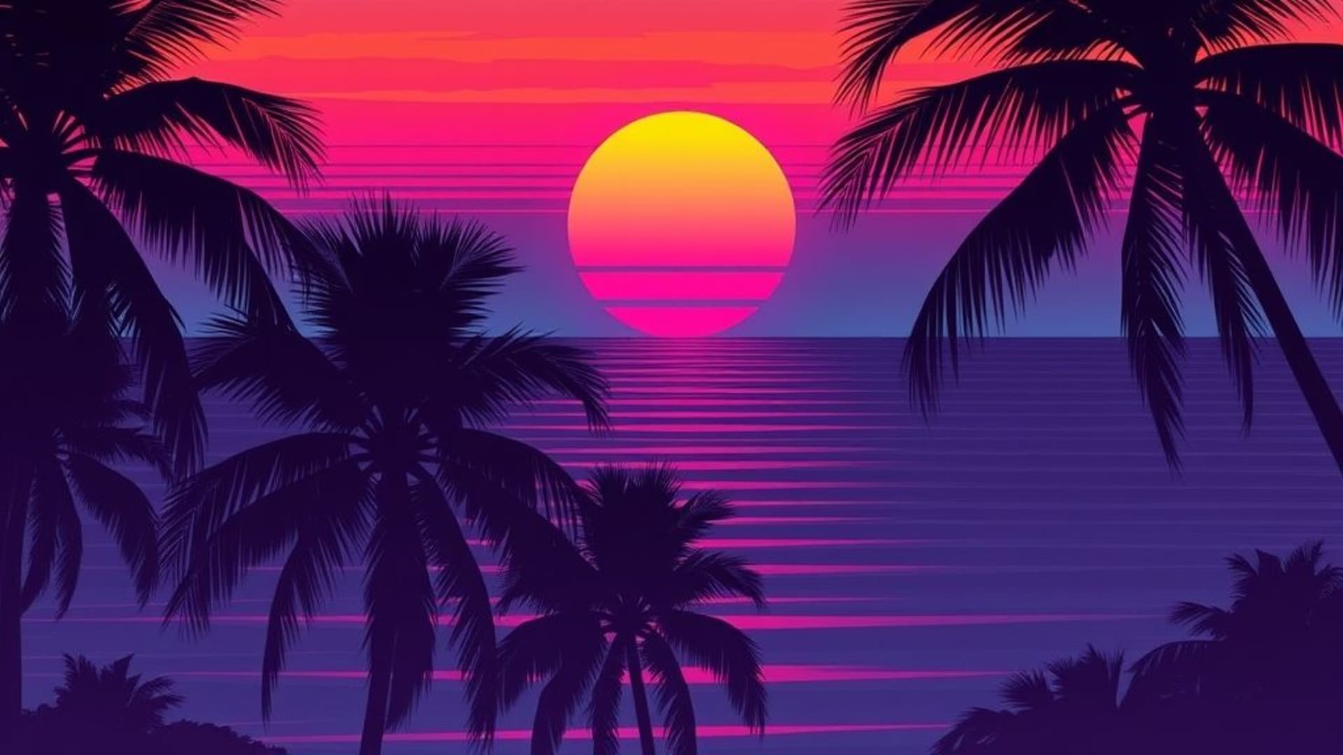 grille néon rétro horizon coucher de soleil sur l'océan synthwave nuit paysage urbain rêve ambiance années 80 silhouettes de palmiers