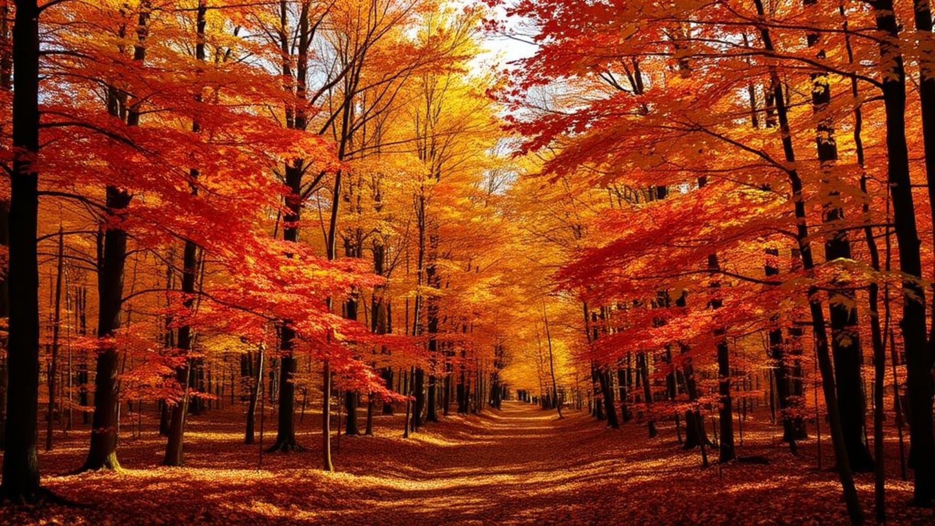 Les couleurs automnales des feuilles de la forêt tombent en nuances d'ambre cramoisi et d'or, le chemin boisé sous la lumière du soleil tamisée par des ombres tranquilles.