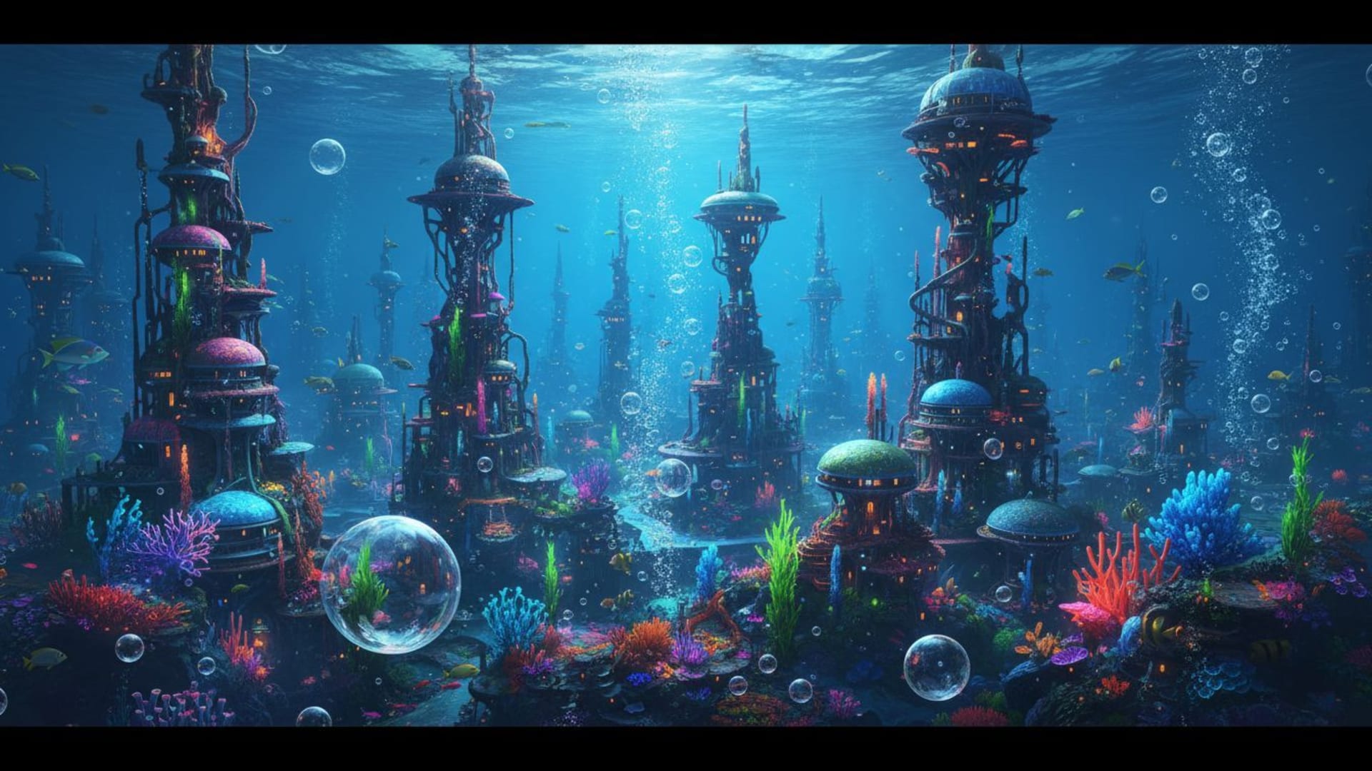 paysage urbain sous-marin surréaliste avec bulles lumineuses, récif lumineux, lumières néon et fond d'écran 4K