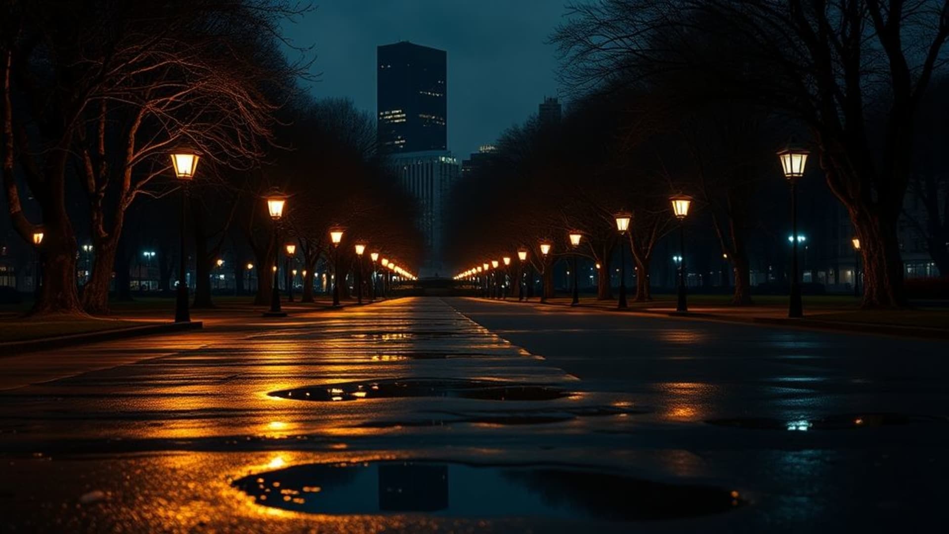 Parc urbain la nuit, rue calme, lanternes, reflets, flaques, ambiance cinématographique, lueur chaleureuse, solitude urbaine silencieuse