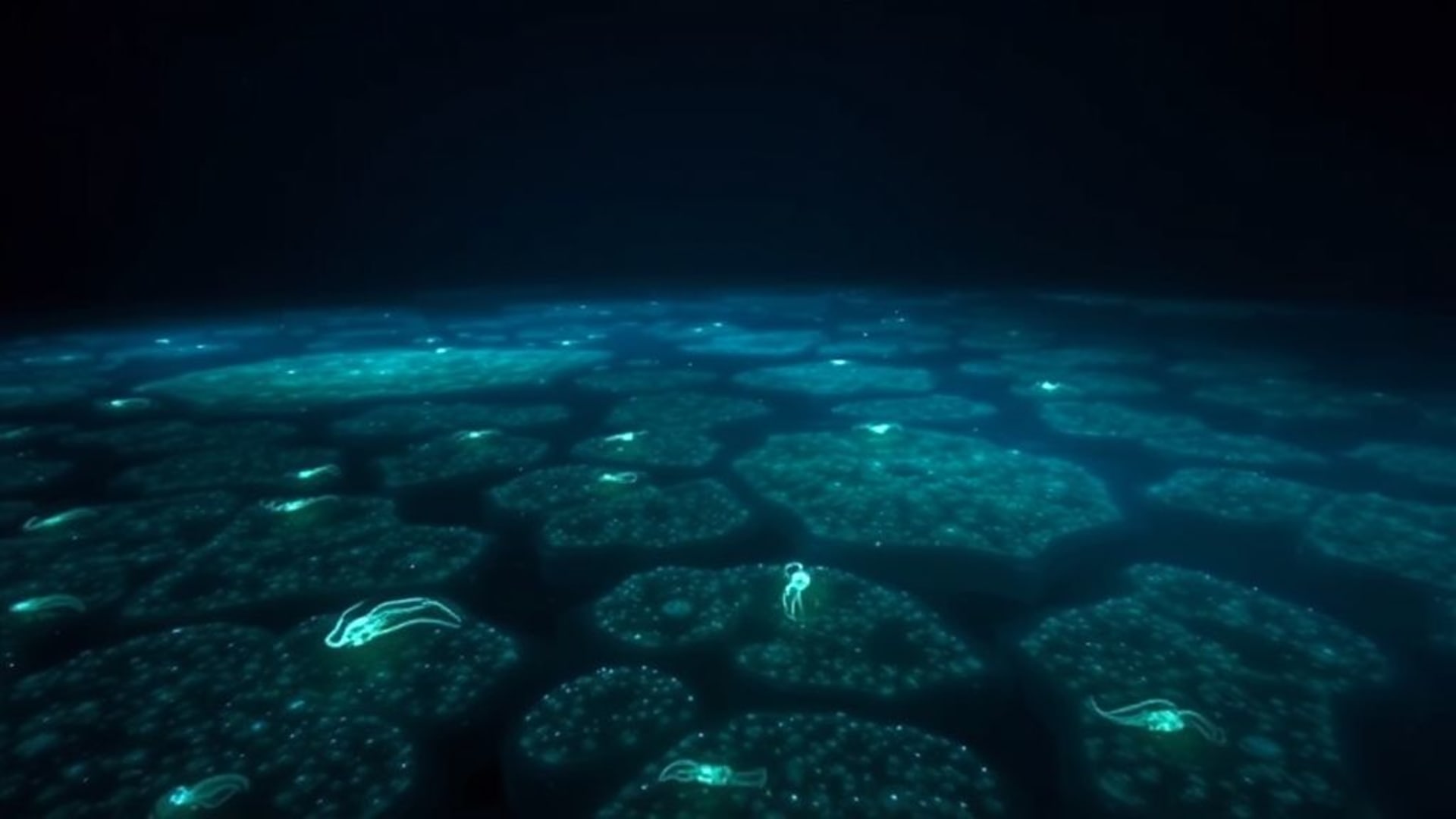 sable luminescent de mer arrière-plan créatures sous-marines brillantes algues sombres bleues atmosphère mystique étrange