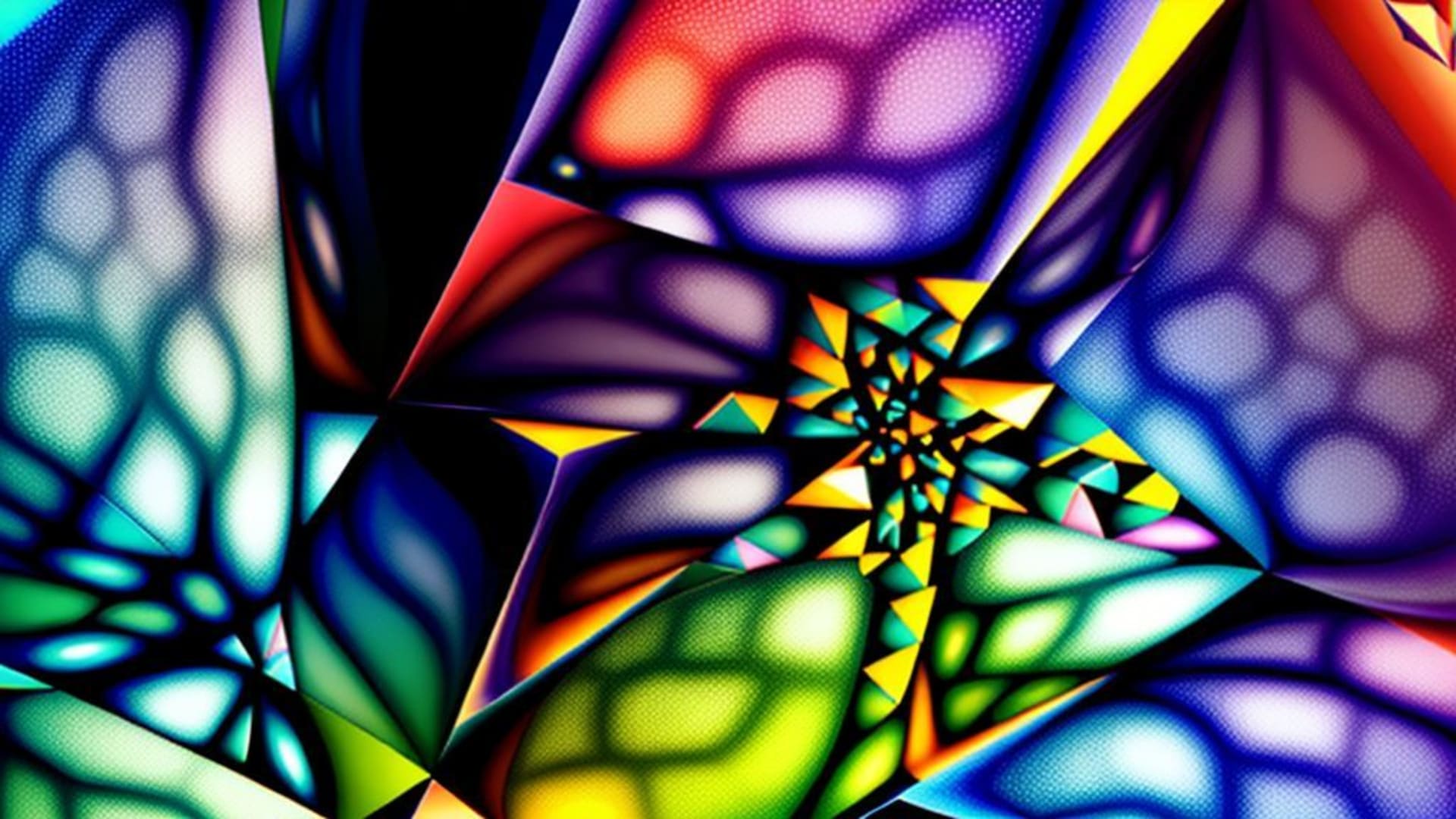 motifs géométriques abstraits tessellés symétrie couleurs vives formes polygonales effet 3D dégradé ombres profondeur