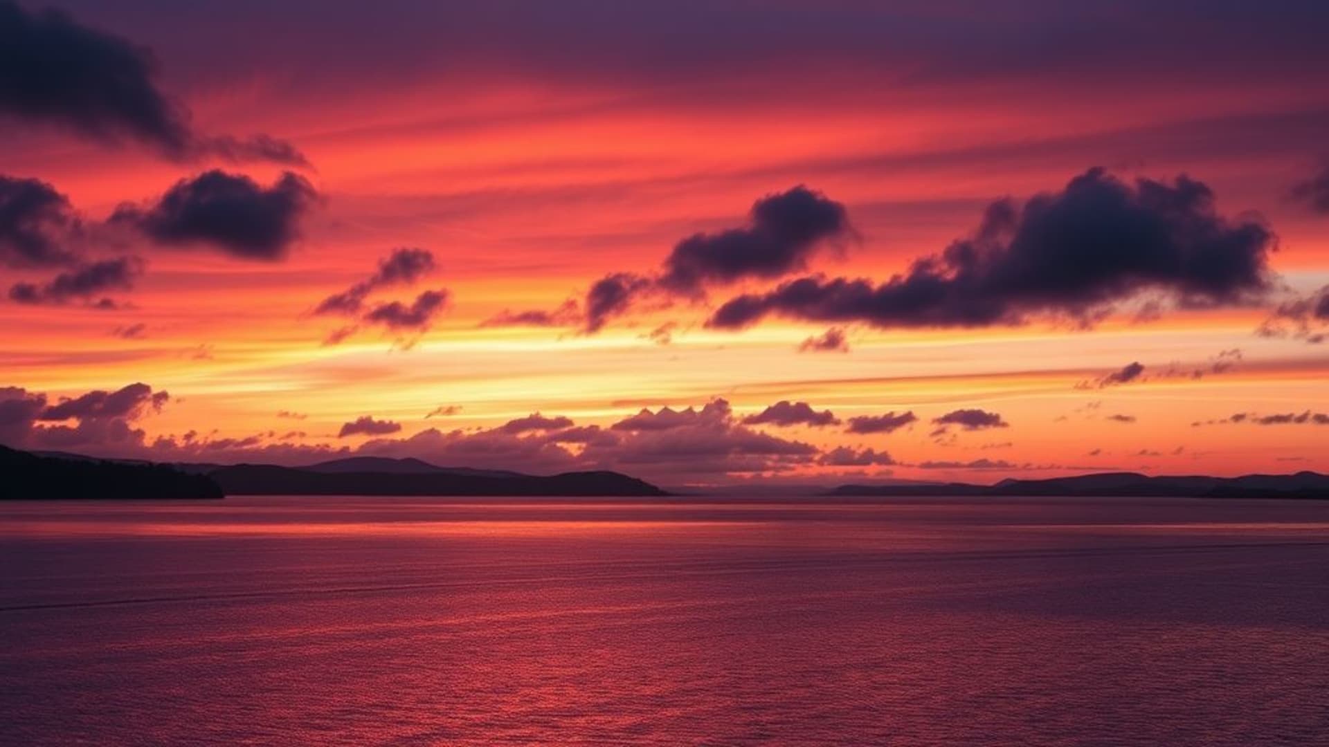 horizon cinématographique coucher de soleil sur un lac eau vitreuse nuages dramatiques chaleur ambre violet violet atmosphérique dramatique