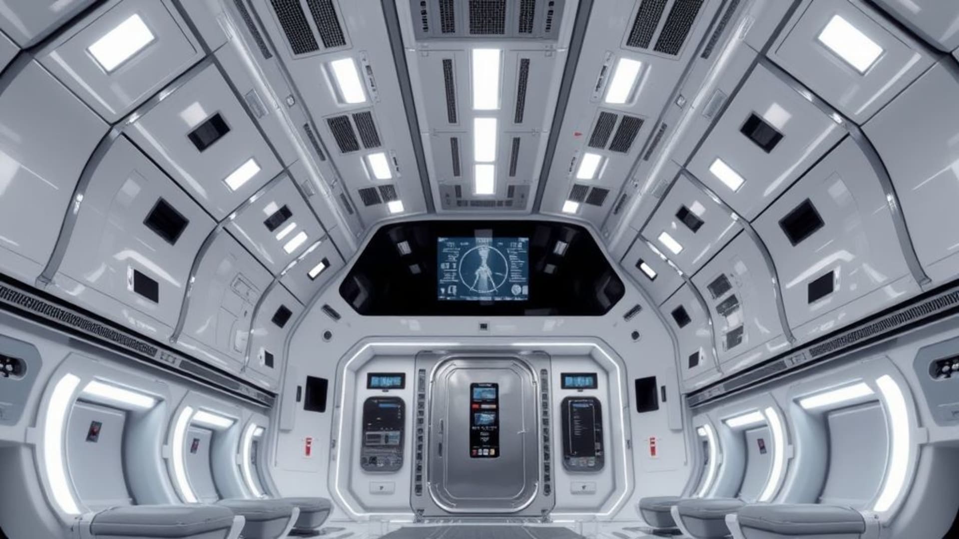 intérieur de station spatiale sci-fi propre métallique chrome intérieurs futuristes éclairage high-tech minimalisme électronique