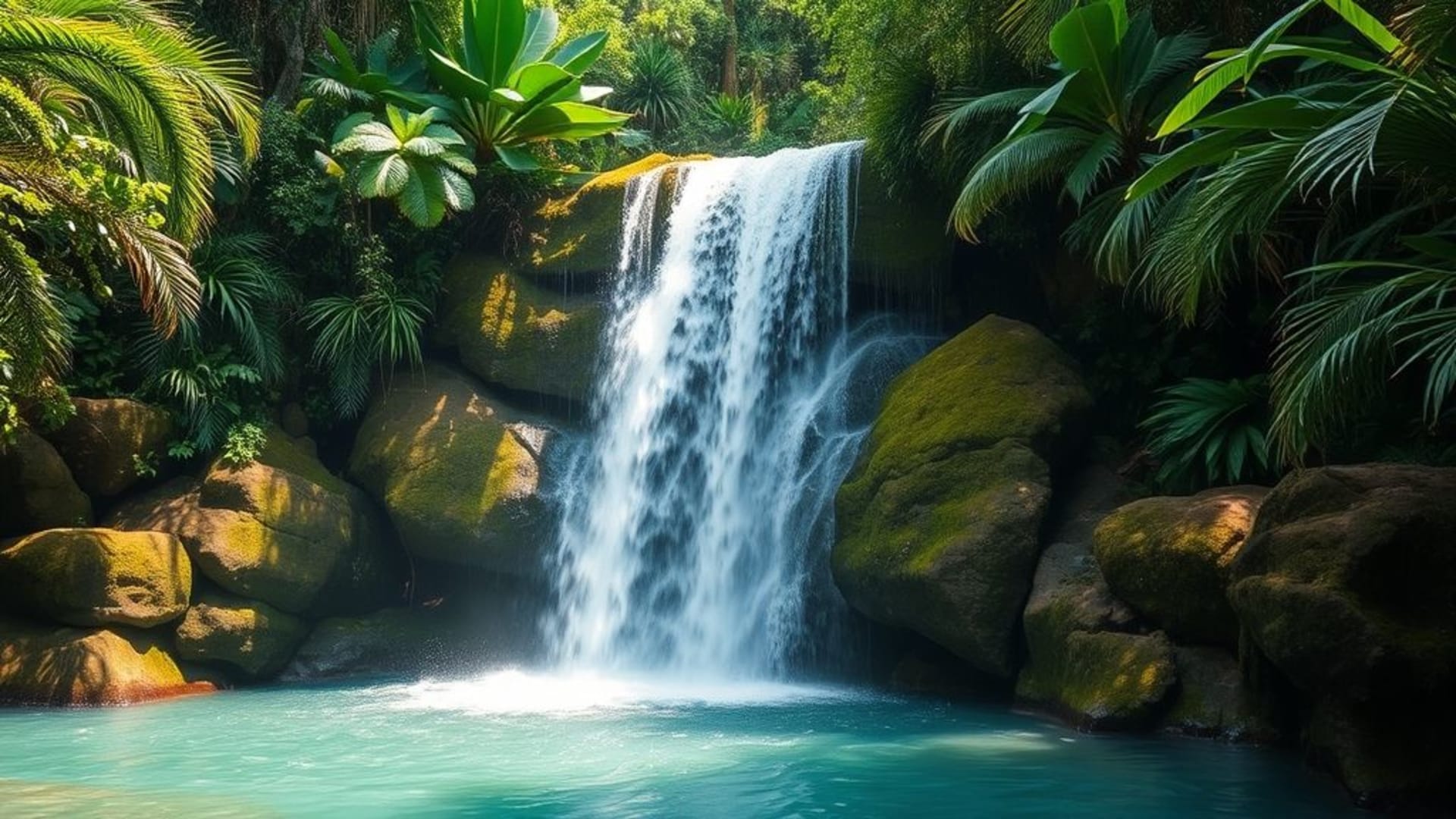 cascade de jungle rocher recouvert de mousse piscine tropicale végétation luxuriante brumeux vaporisation soleil scintillant pulvérisation