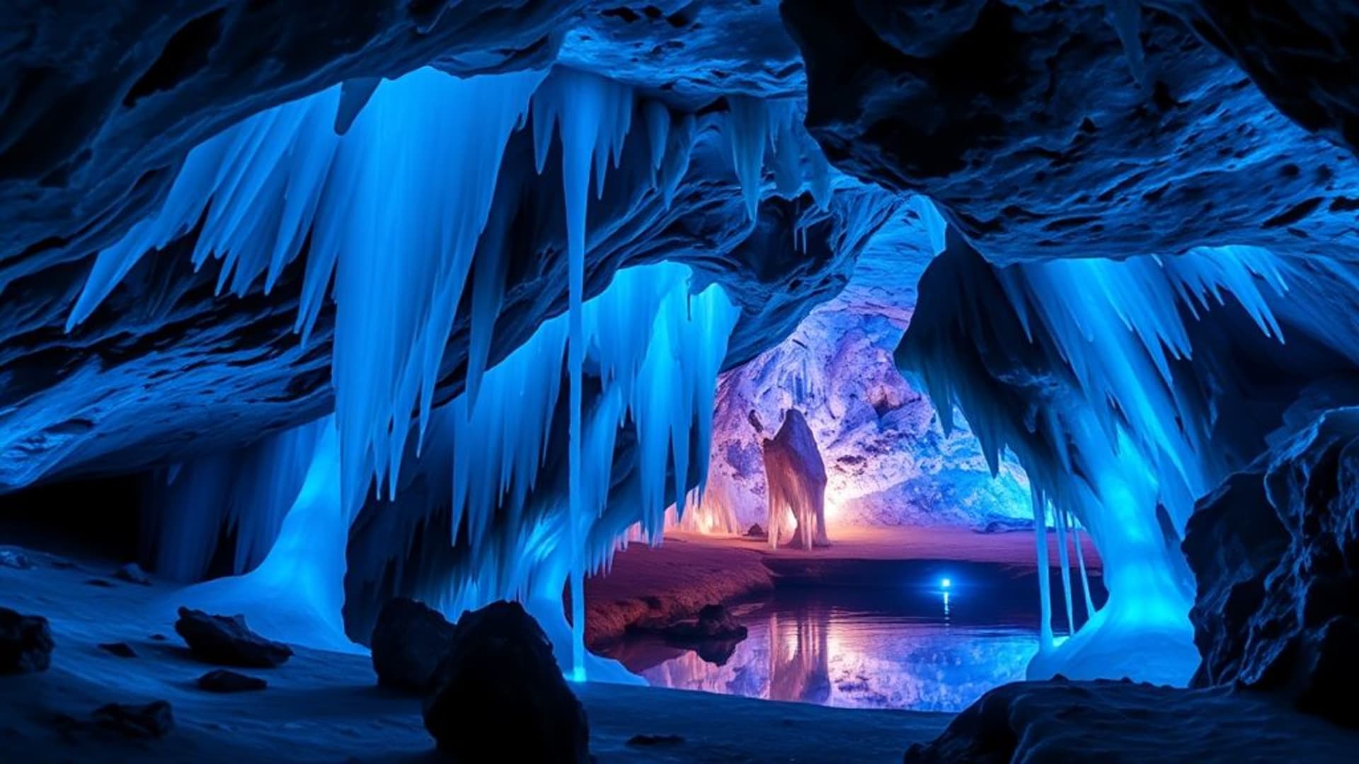 grotte de cristal glace bleue stalactites stalagmites formations minérales glowantes heure bleue luminescentes