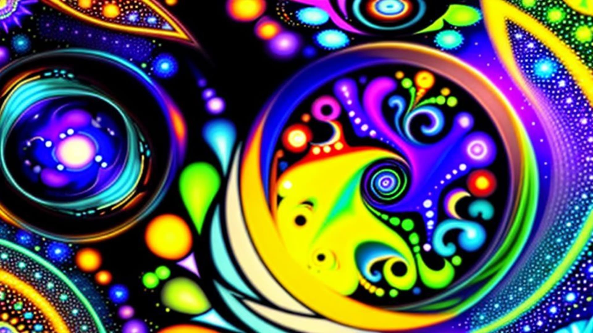 art fractal de distorsion espace-temps motifs kaléidoscopiques symétrie couleurs néon psychédélique mandala profondeur infinie