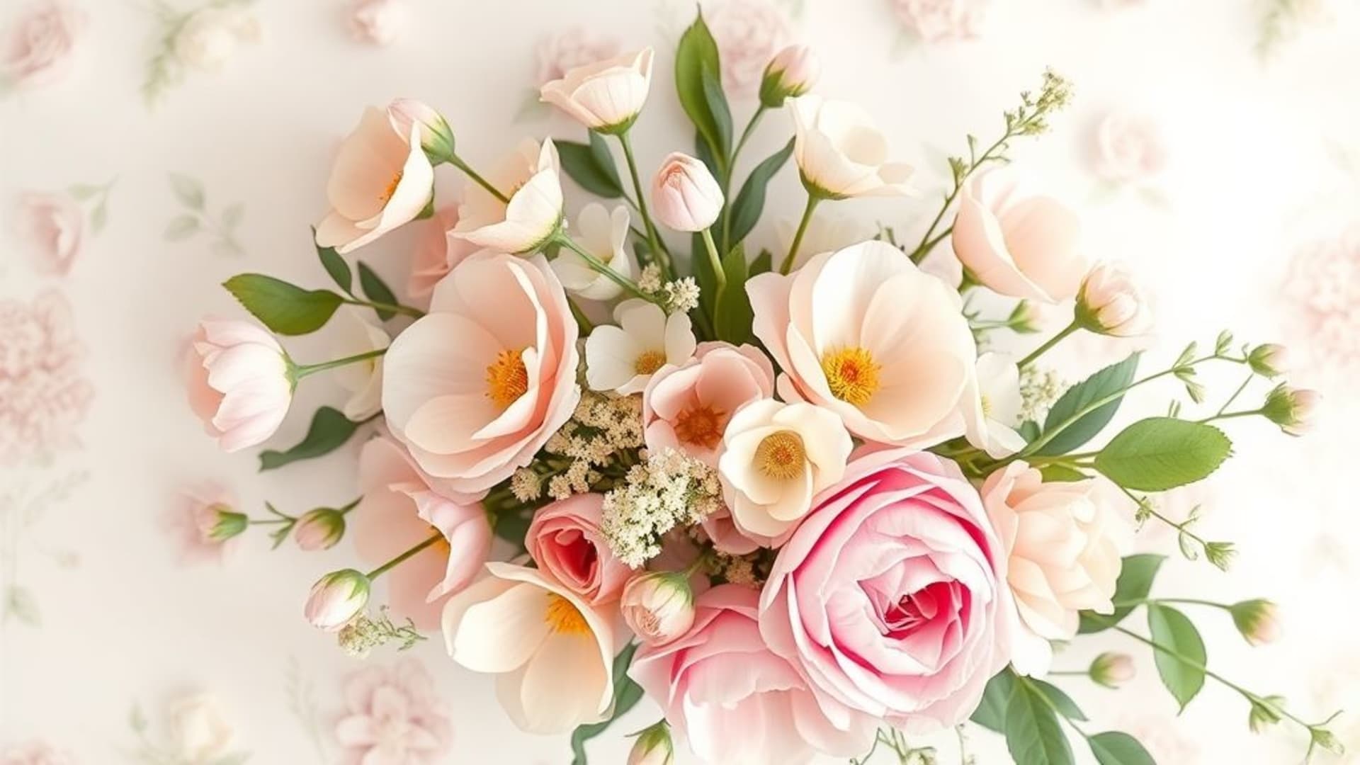 fleurs botanique bouquet fond ecran douceur pastel pétales verdure printemps fraîche ambiance