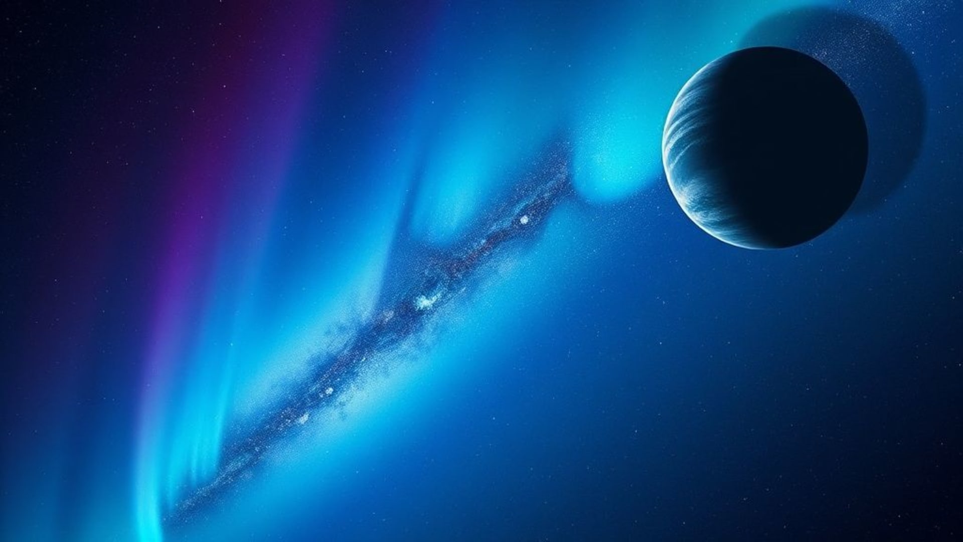 galaxie spatiale planètes aurore boréale poussière cosmique dégradé bleus profonds pourpres
