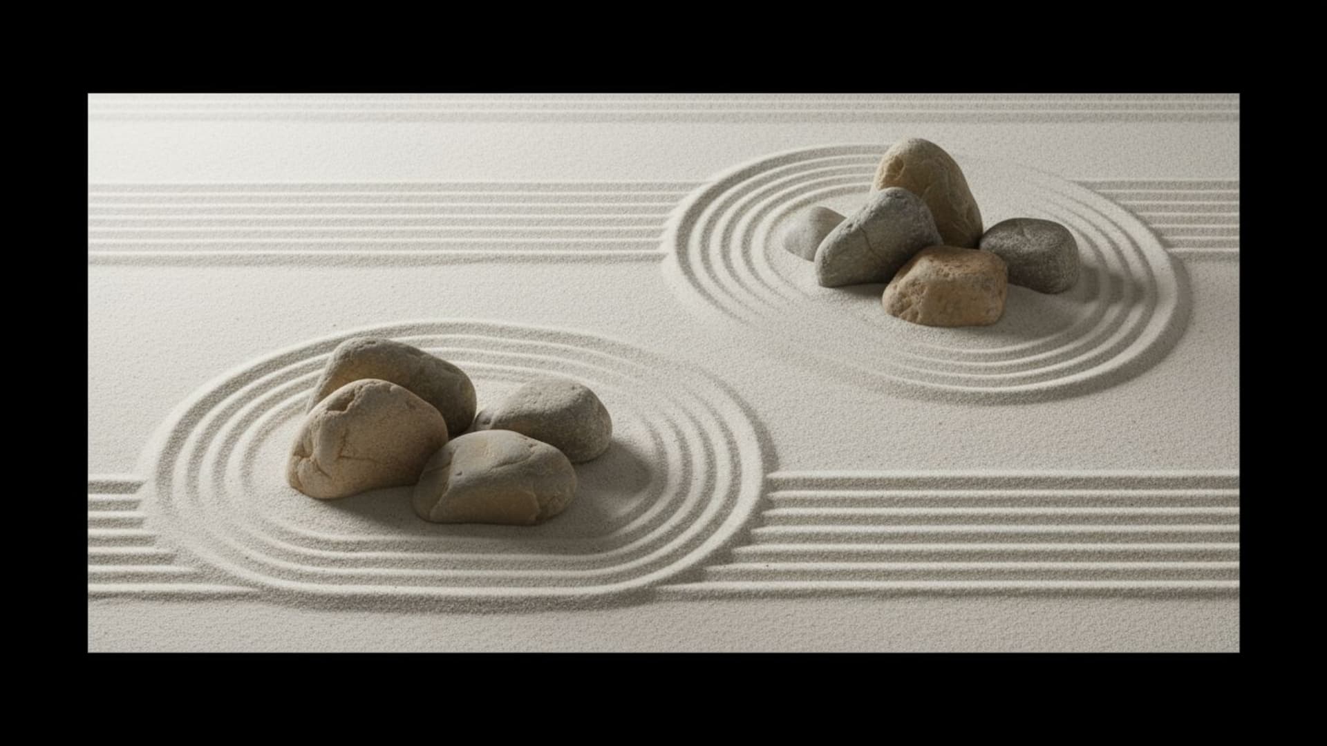 Ce fond d'écran de bureau montre un jardin zen avec des roches et du sable, des motifs ratissés, dans un style minimaliste et calme.