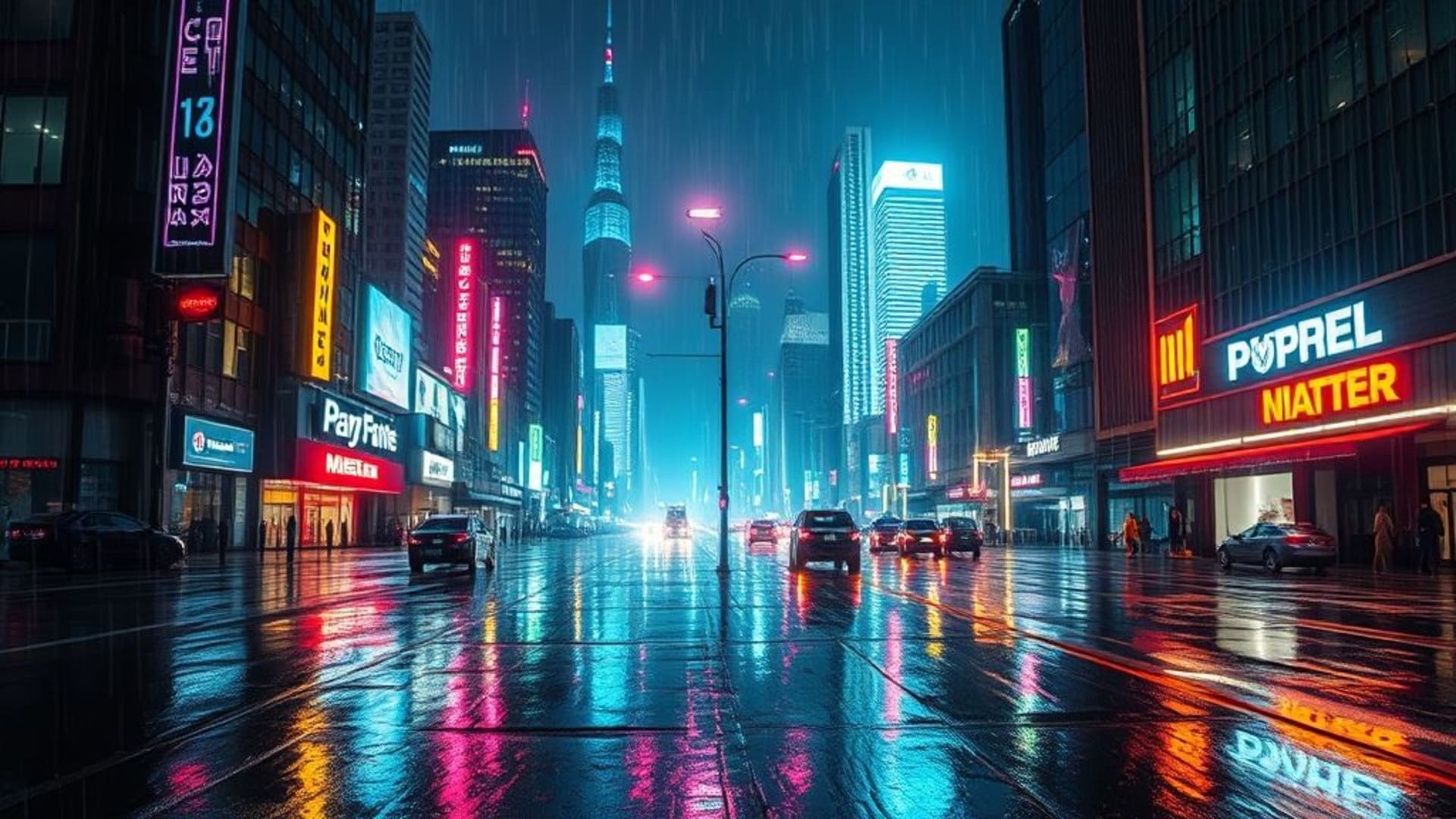 paysage urbain cyberpunk pluie néon reflets nuit futuriste grille urbaine holographique fond d'écran numérique